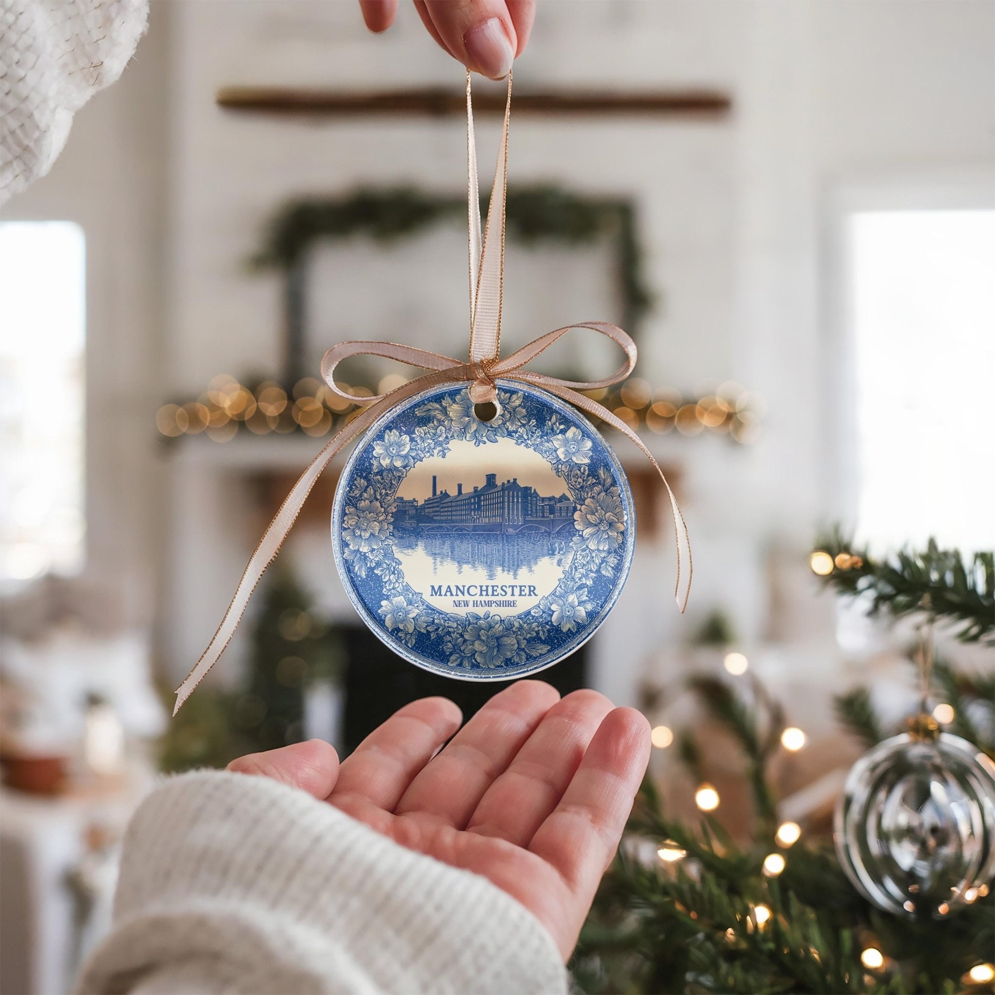 Custom Manchester New Hampshire Ceramic Delft Ornament, Christmas Delftware Blue Delftware city travel - CuteBeePix