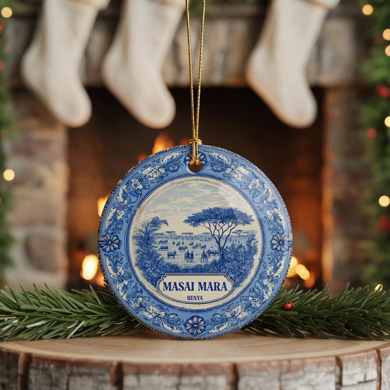 Custom Masai Mara Kenya Ceramic Delft Ornament, Christmas Delftware Blue Delftware city travel - CuteBeePix