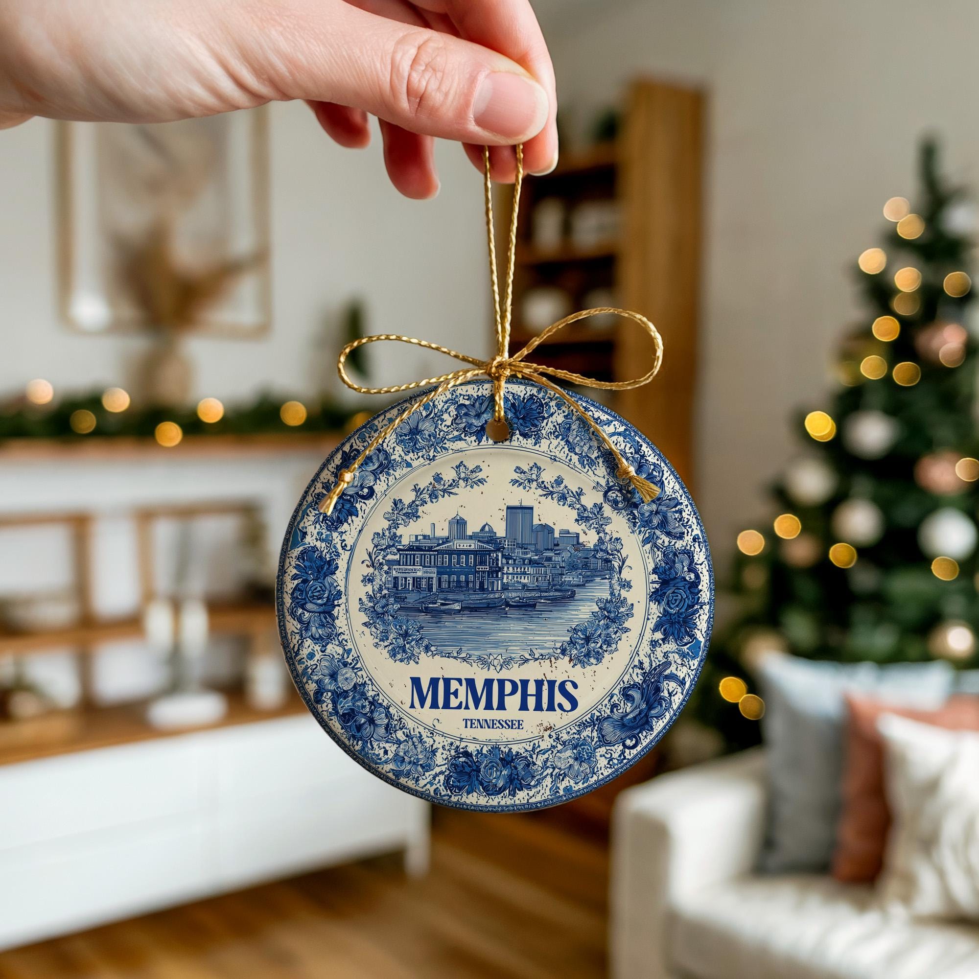 Custom Memphis Tennessee Ceramic Delft Ornament, Christmas Delftware Blue Delftware city travel - CuteBeePix