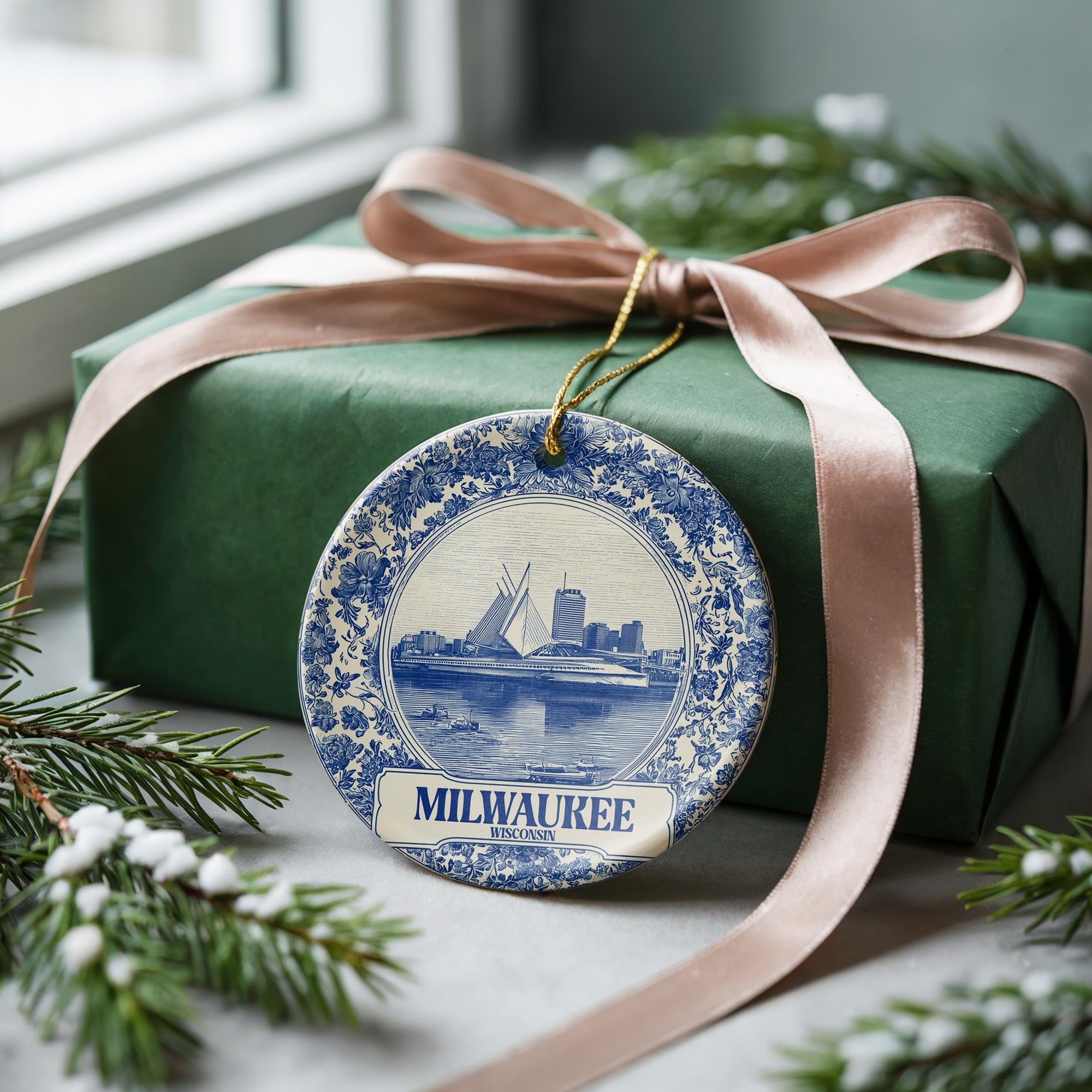 Custom Milwaukee Wisconsin Ceramic Delft Ornament, Christmas Delftware Blue Delftware city travel - CuteBeePix