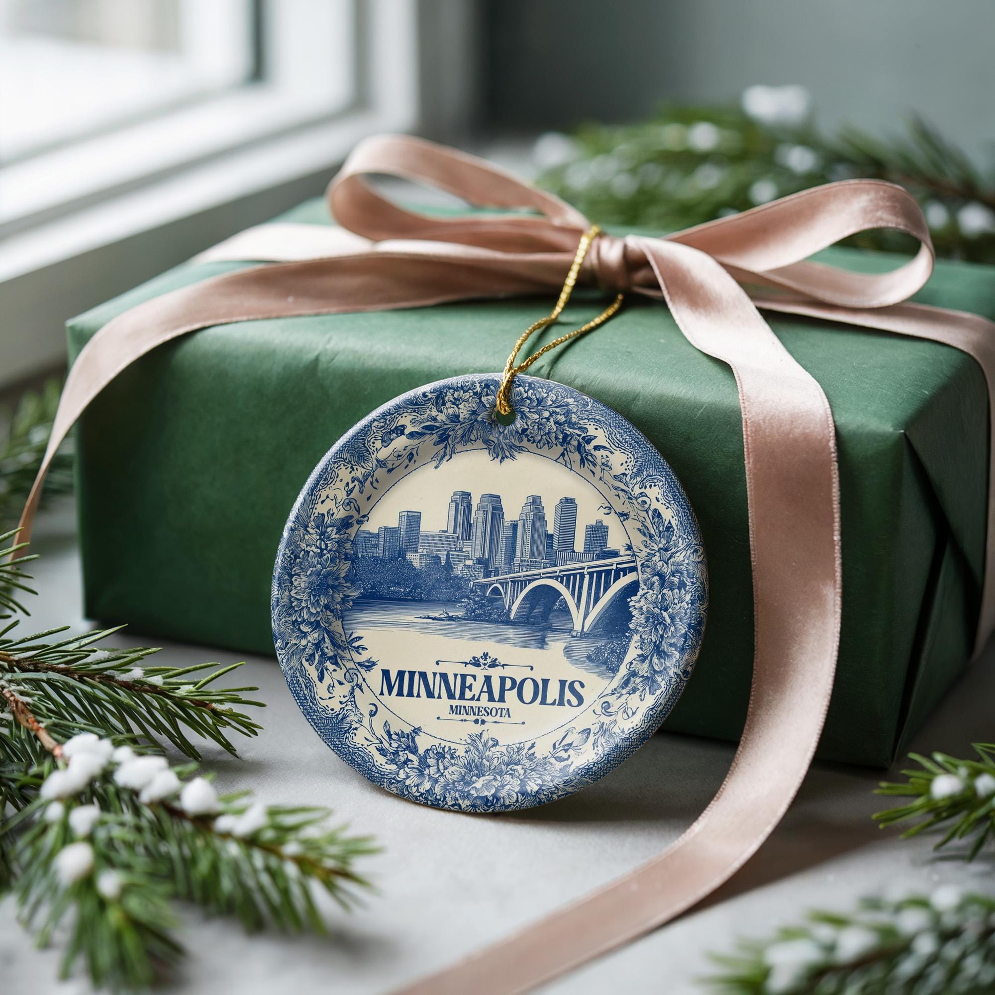 Custom Minneapolis Minnesota Ceramic Delft Ornament, Christmas Delftware Blue Delftware city travel - CuteBeePix