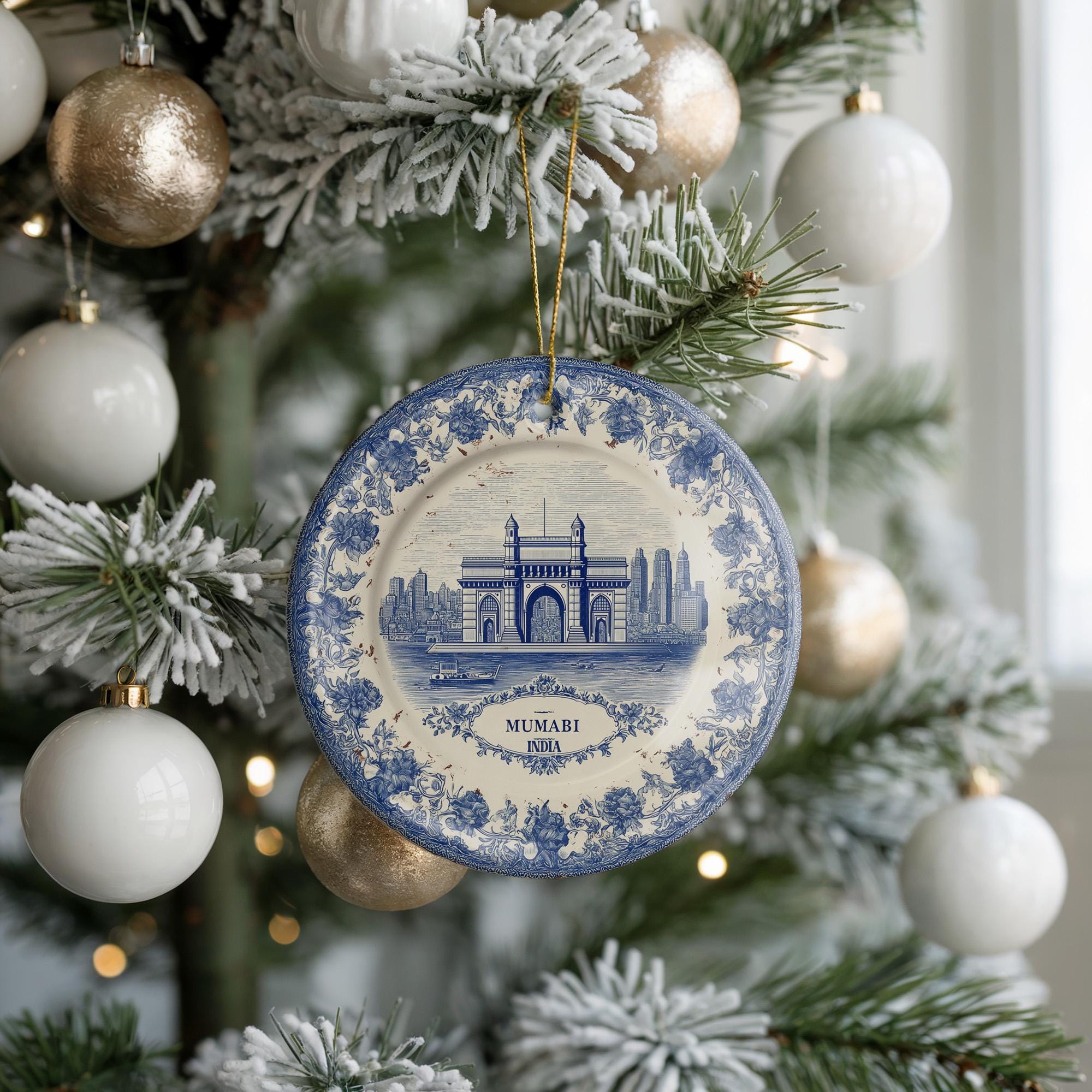 Custom Mumbai India Ceramic Delft Ornament, Christmas Delftware Blue Delftware city travel - CuteBeePix