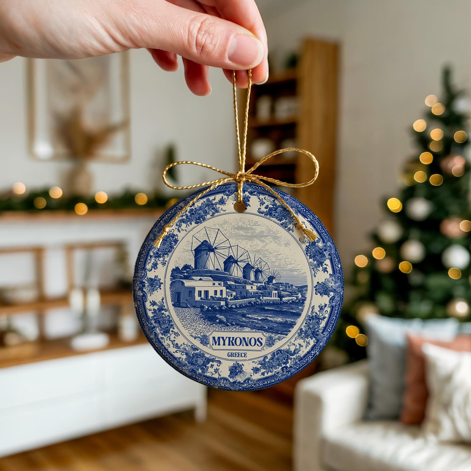 Custom Mykonos Greece Ceramic Delft Ornament, Christmas Delftware Blue Delftware city travel - CuteBeePix