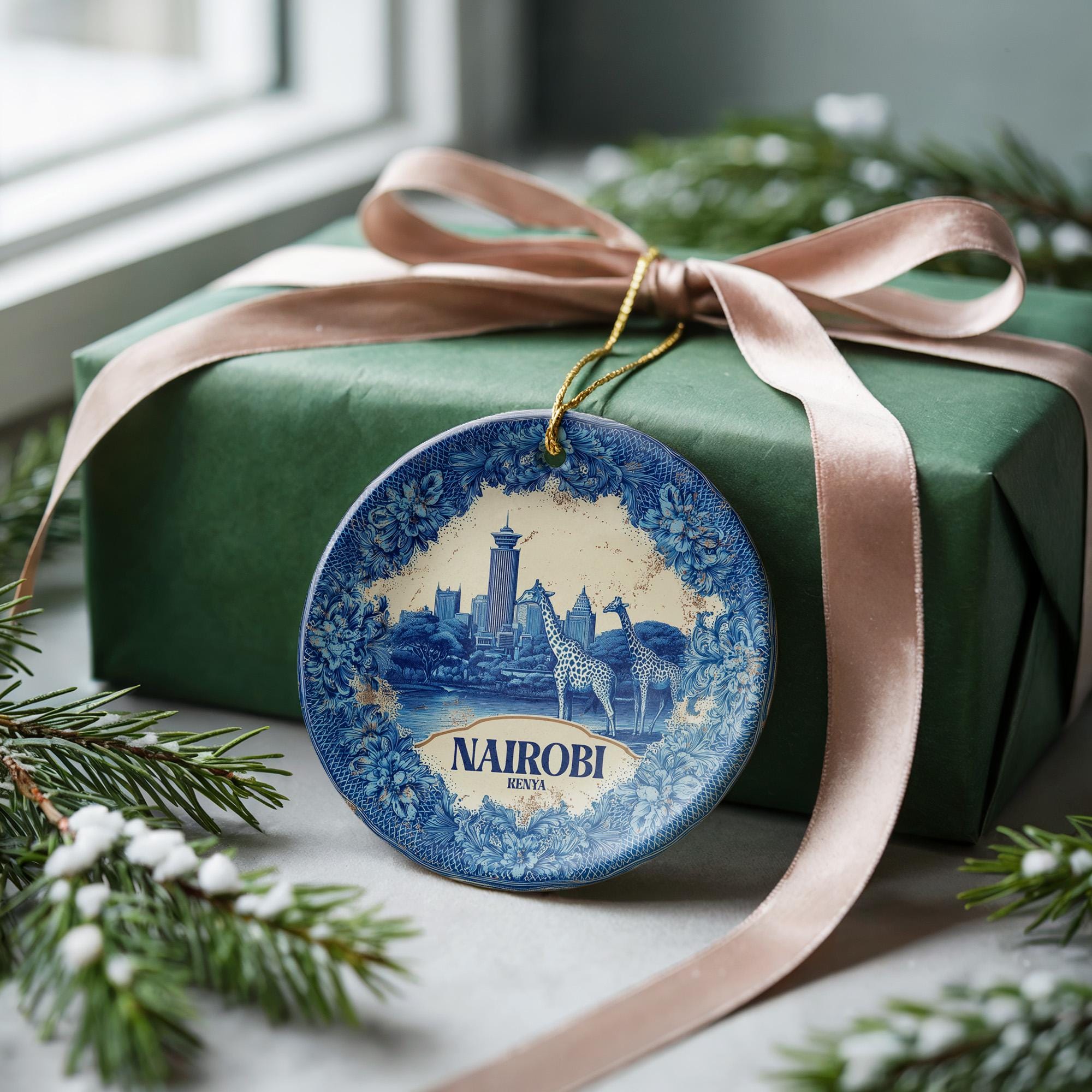 Custom Nairobi Kenya Ceramic Delft Ornament, Christmas Delftware Blue Delftware city travel - CuteBeePix