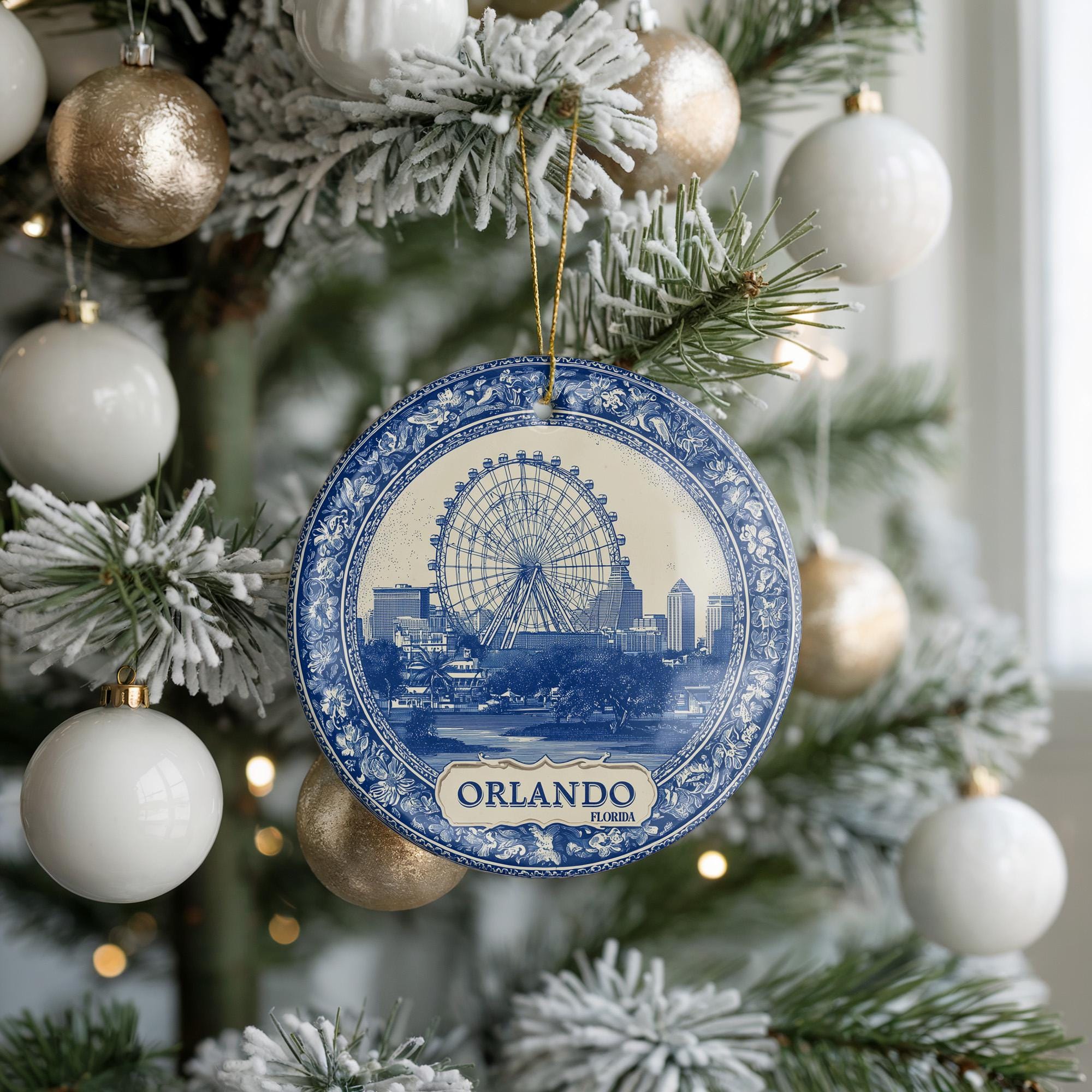 Custom Orlando Florida Ceramic Delft Ornament, Christmas Delftware Blue Delftware city travel - CuteBeePix