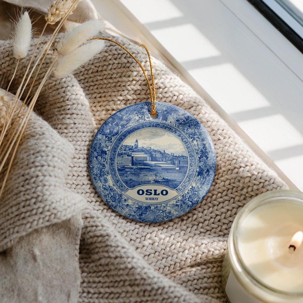 Custom Oslo Norway Ceramic Delft Ornament, Christmas Delftware Blue Delftware city travel - CuteBeePix