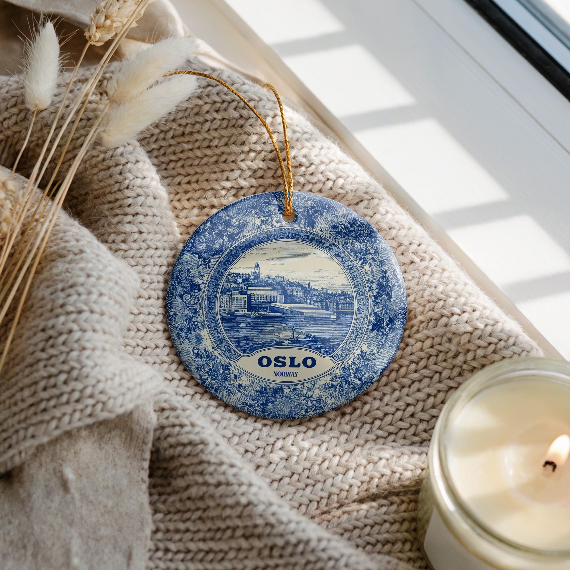 Custom Oslo Norway Ceramic Delft Ornament, Christmas Delftware Blue Delftware city travel - CuteBeePix
