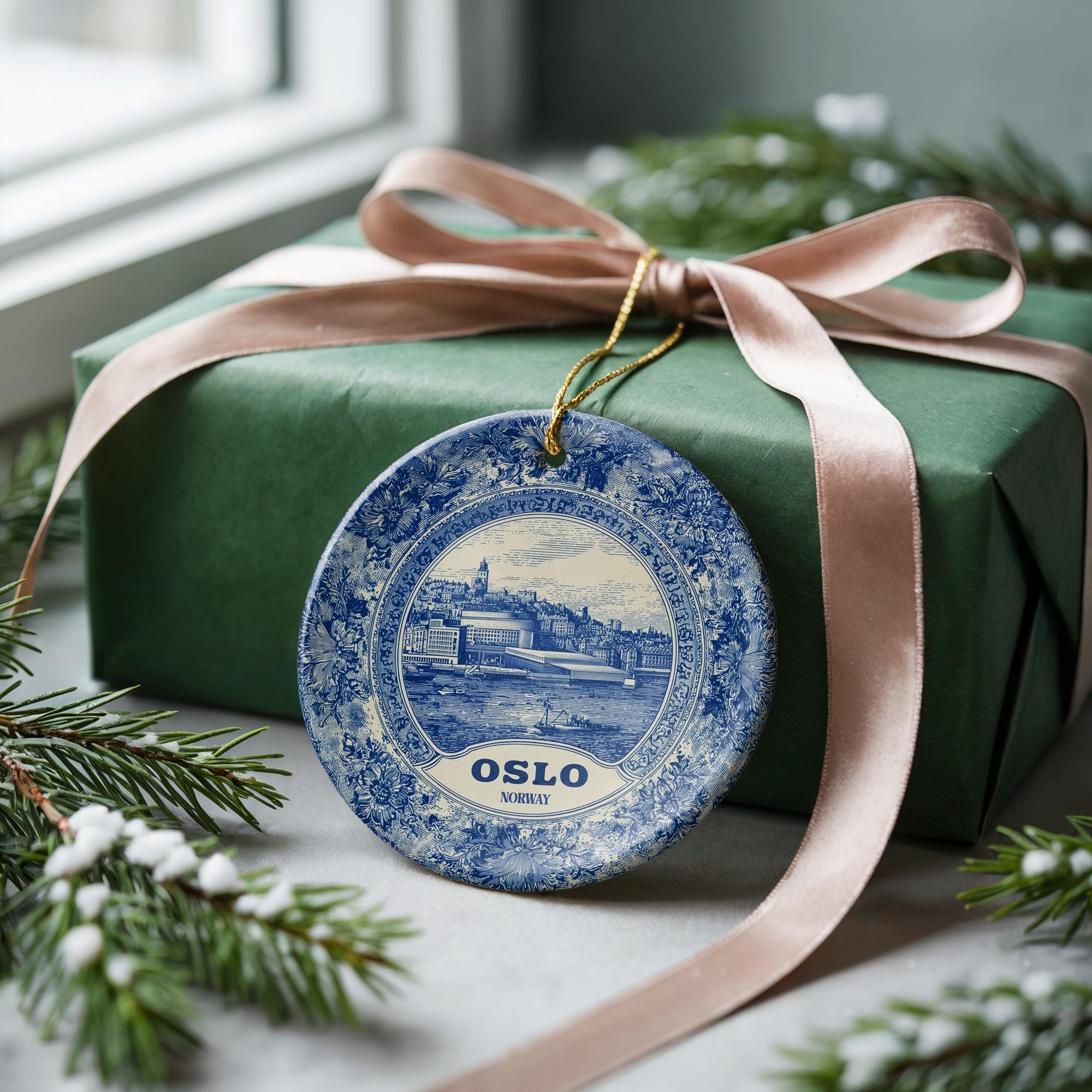 Custom Oslo Norway Ceramic Delft Ornament, Christmas Delftware Blue Delftware city travel - CuteBeePix