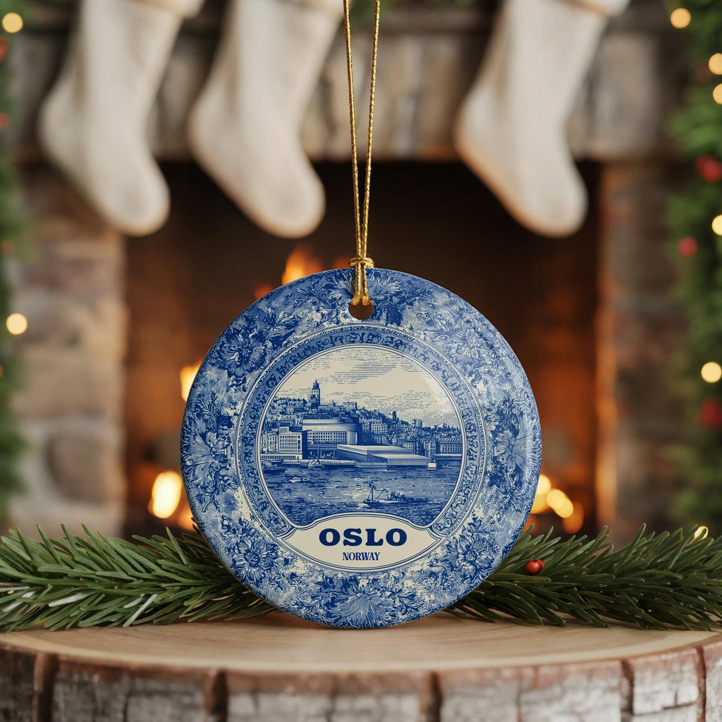 Custom Oslo Norway Ceramic Delft Ornament, Christmas Delftware Blue Delftware city travel - CuteBeePix