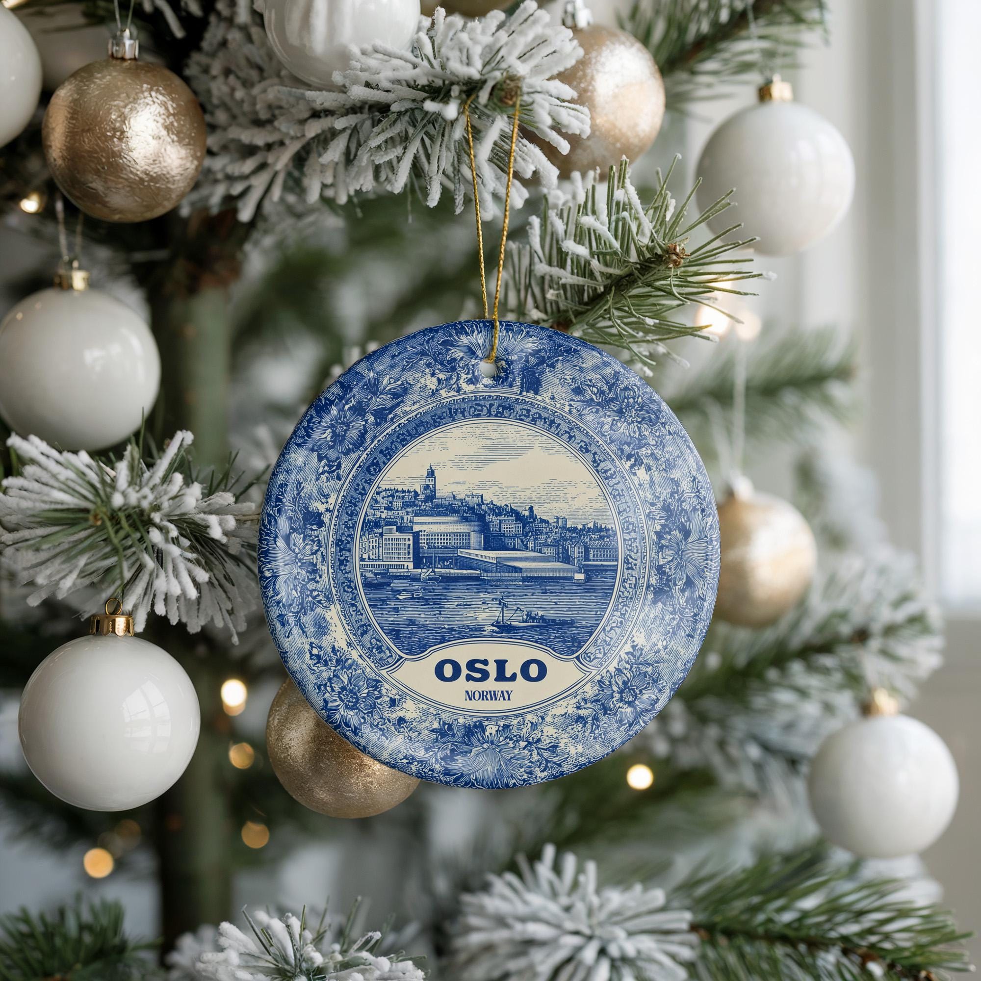 Custom Oslo Norway Ceramic Delft Ornament, Christmas Delftware Blue Delftware city travel - CuteBeePix