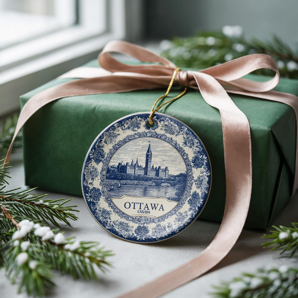 Custom Ottawa Canada Ceramic Delft Ornament, Christmas Delftware Blue Delftware city travel - CuteBeePix