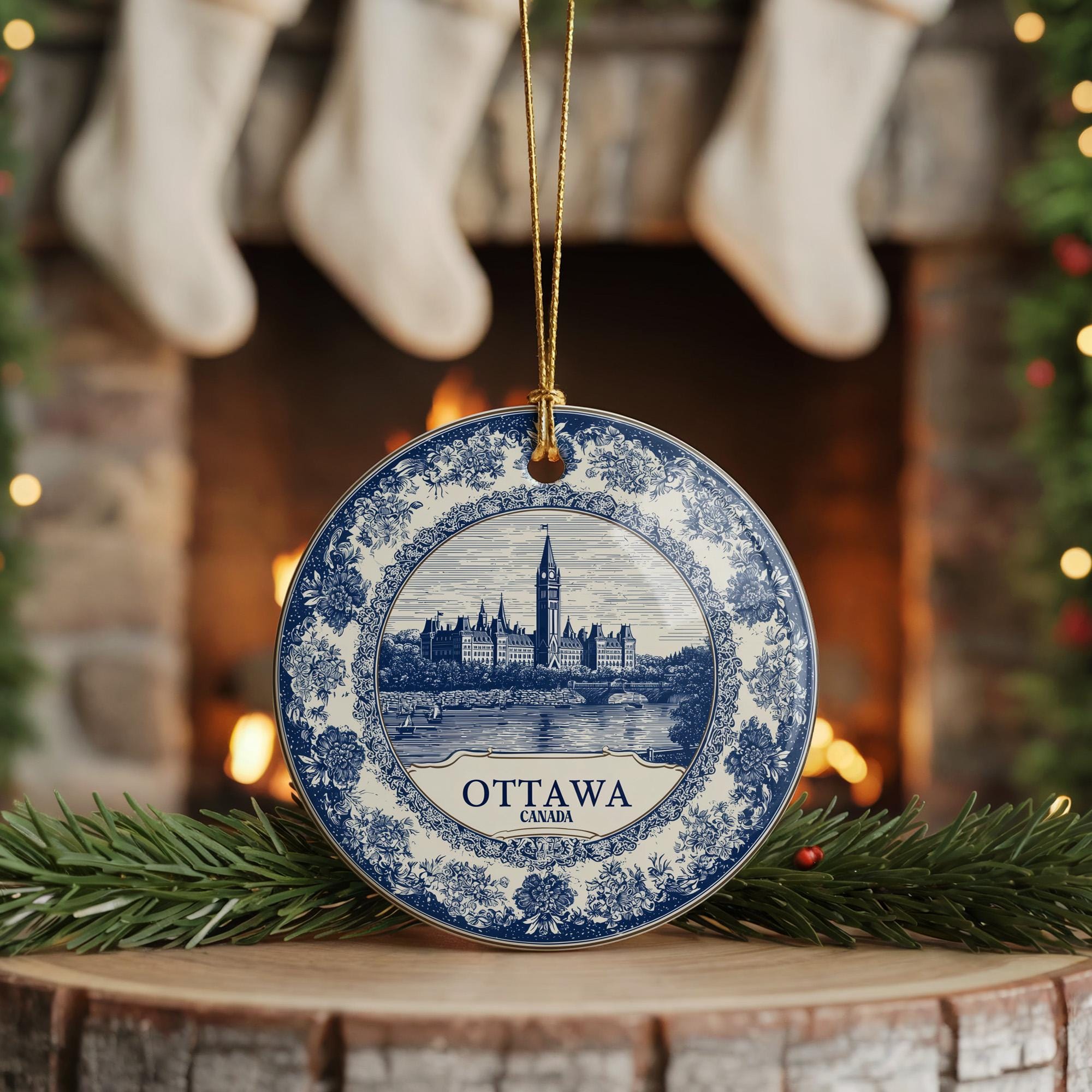 Custom Ottawa Canada Ceramic Delft Ornament, Christmas Delftware Blue Delftware city travel - CuteBeePix