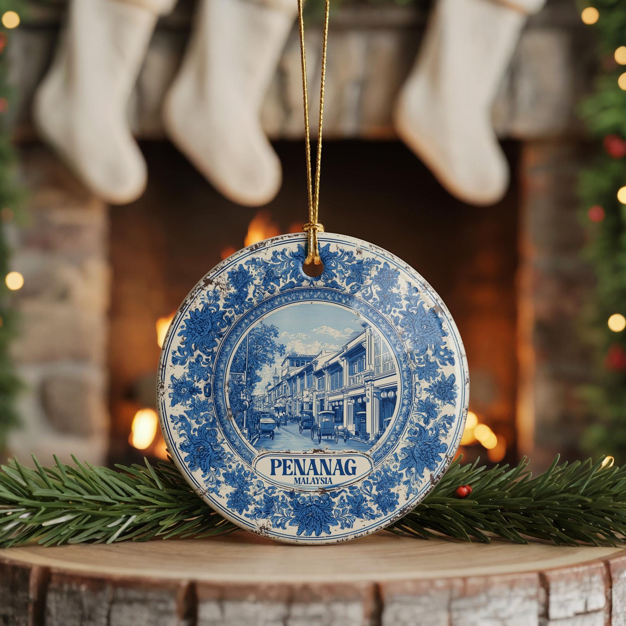 Custom Penang Malaysia Ceramic Delft Ornament, Christmas Delftware Blue Delftware city travel - CuteBeePix