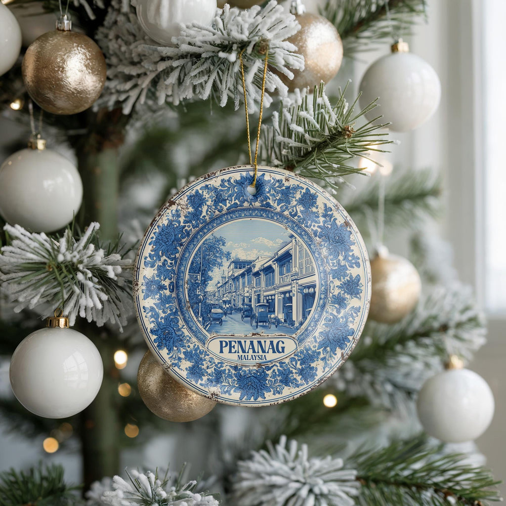 Custom Penang Malaysia Ceramic Delft Ornament, Christmas Delftware Blue Delftware city travel - CuteBeePix
