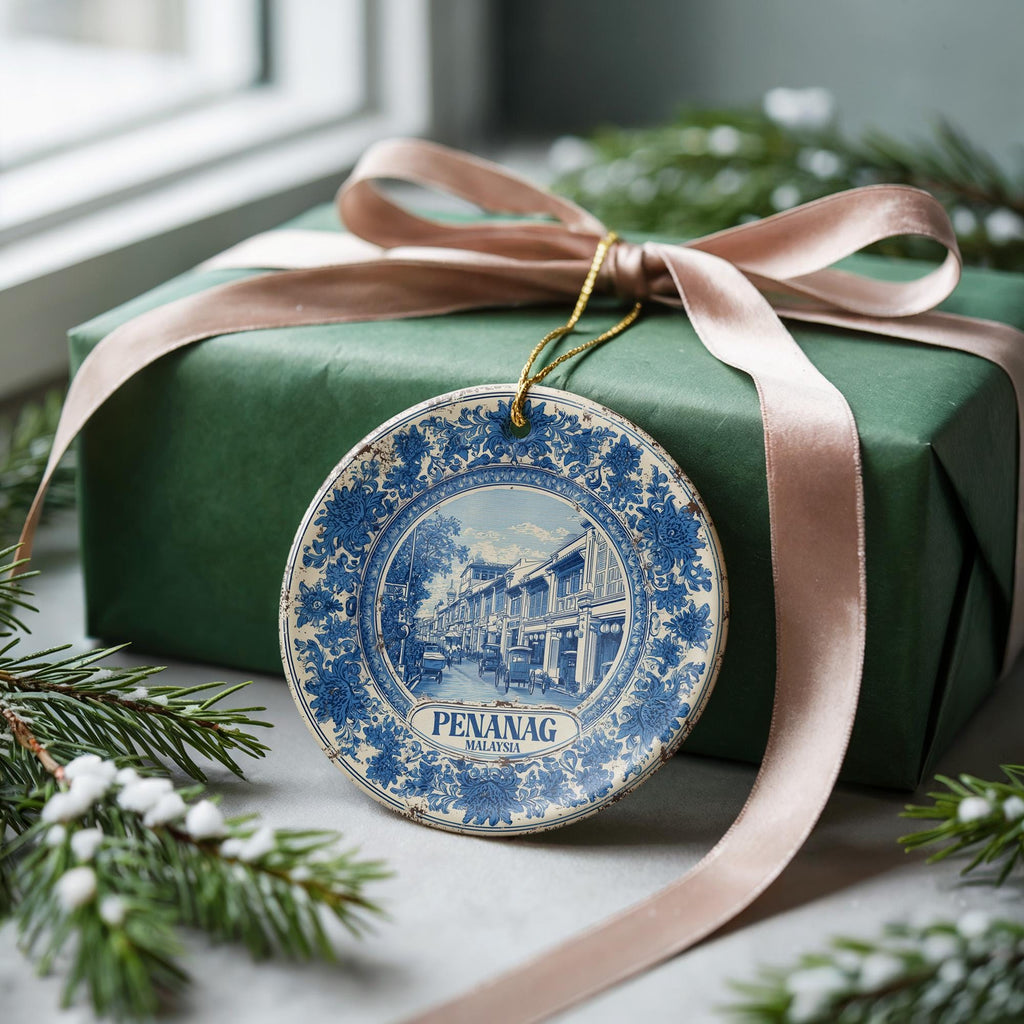 Custom Penang Malaysia Ceramic Delft Ornament, Christmas Delftware Blue Delftware city travel - CuteBeePix