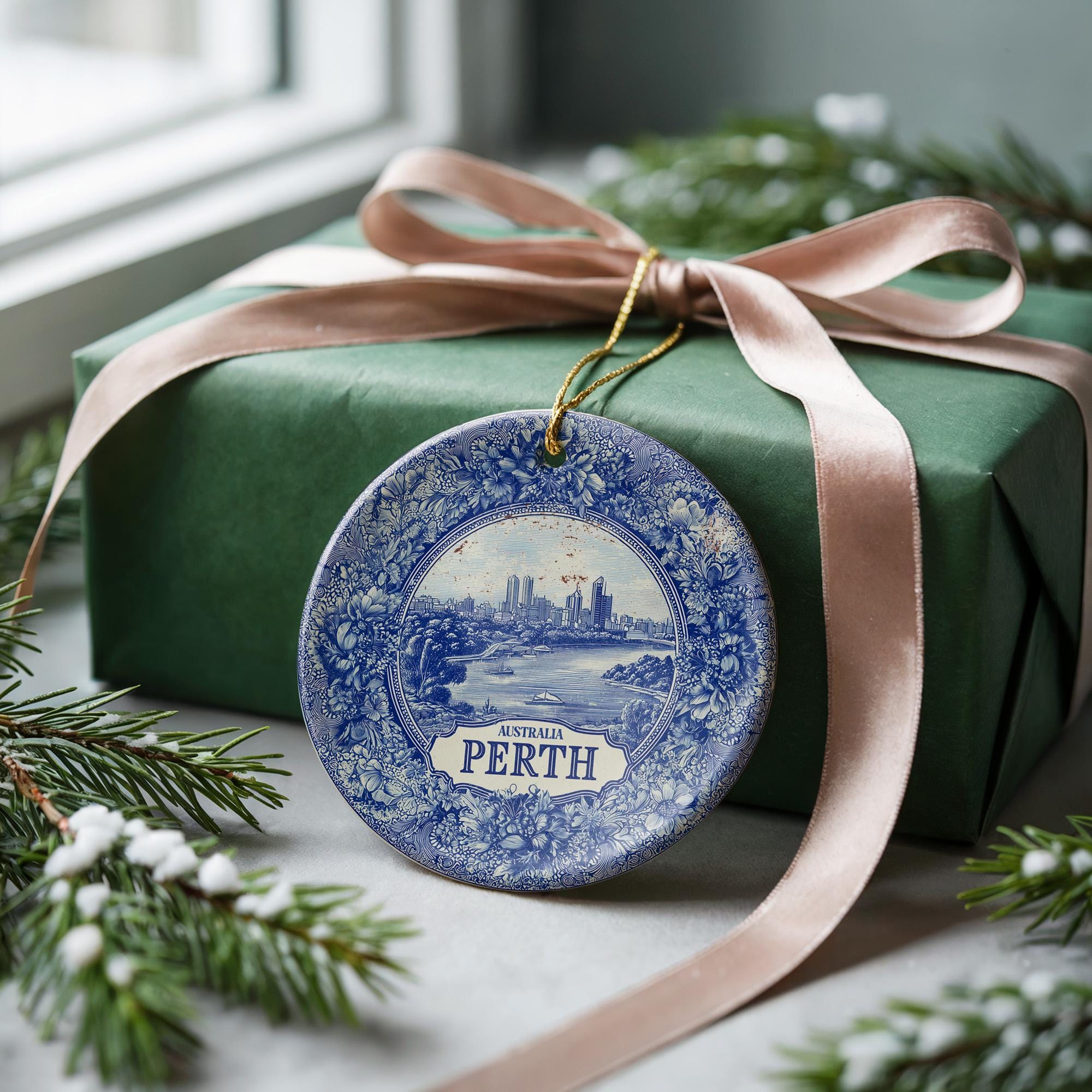 Custom Perth Australia Ceramic Delft Ornament, Christmas Delftware Blue Delftware city travel - CuteBeePix