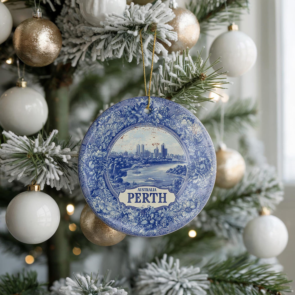 Custom Perth Australia Ceramic Delft Ornament, Christmas Delftware Blue Delftware city travel - CuteBeePix