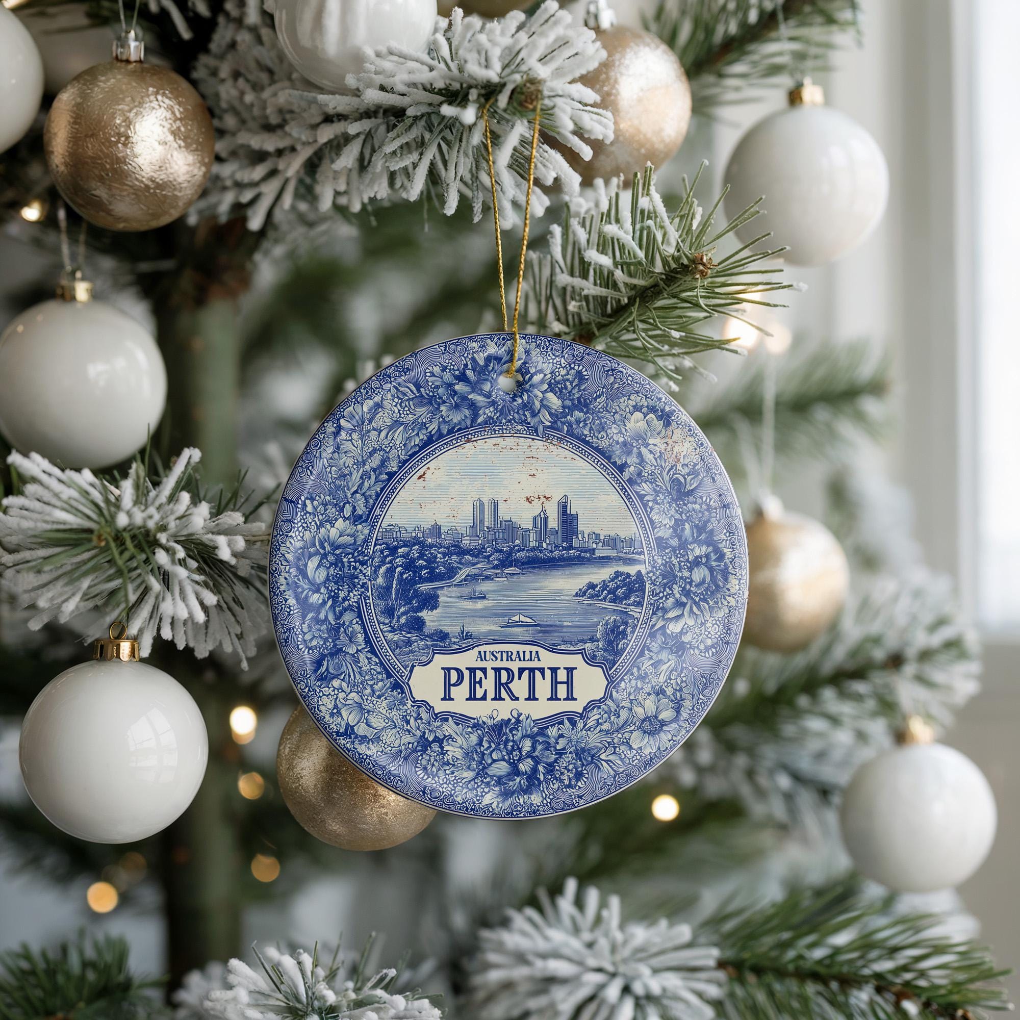 Custom Perth Australia Ceramic Delft Ornament, Christmas Delftware Blue Delftware city travel - CuteBeePix