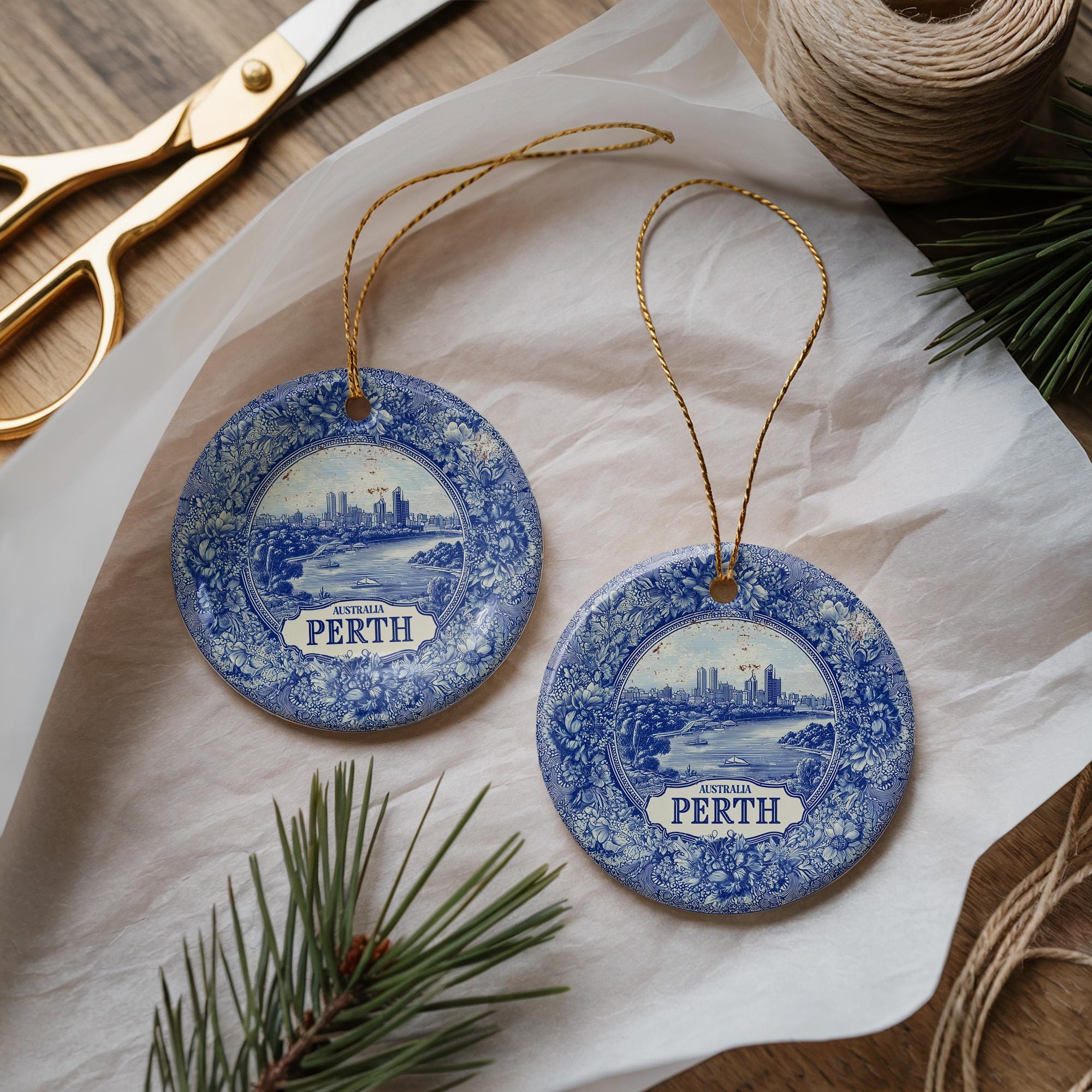 Custom Perth Australia Ceramic Delft Ornament, Christmas Delftware Blue Delftware city travel - CuteBeePix