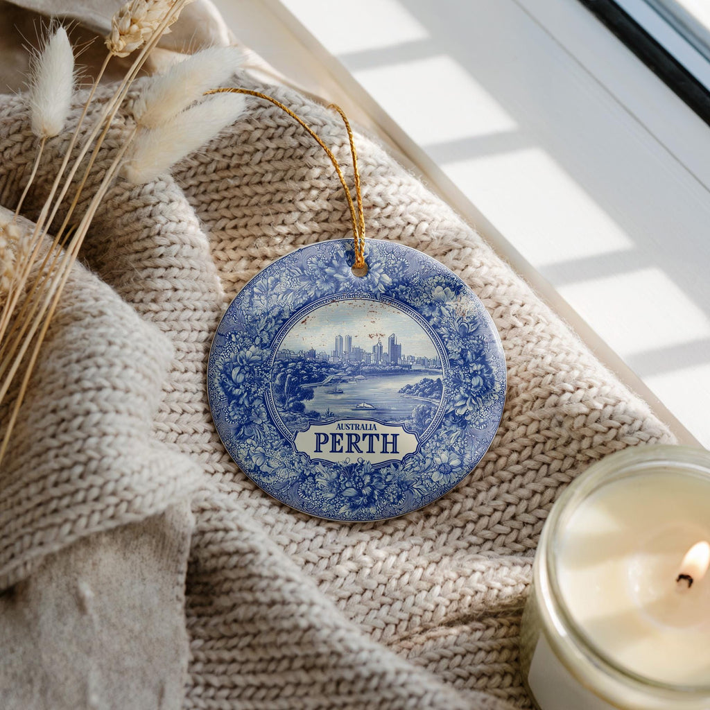 Custom Perth Australia Ceramic Delft Ornament, Christmas Delftware Blue Delftware city travel - CuteBeePix
