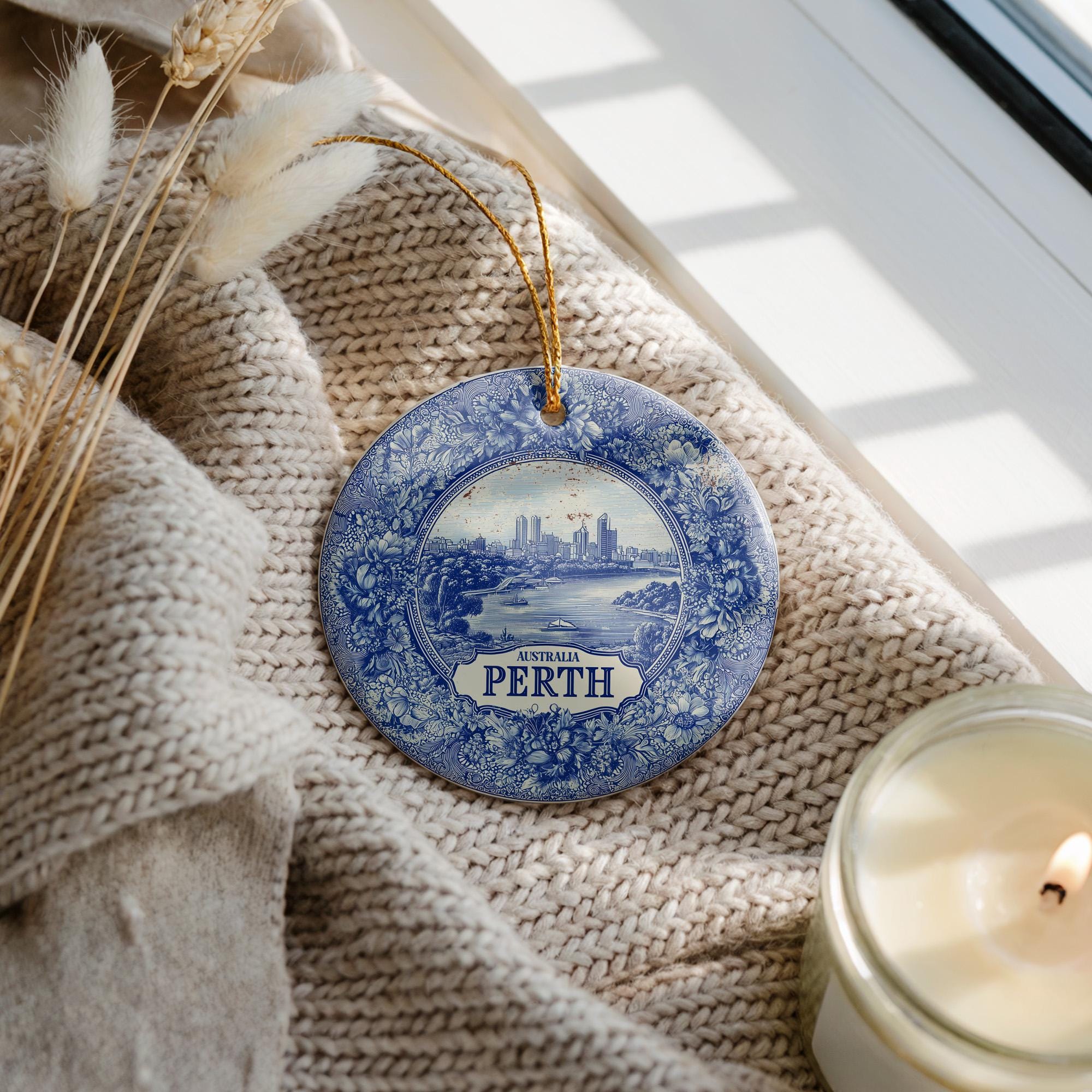 Custom Perth Australia Ceramic Delft Ornament, Christmas Delftware Blue Delftware city travel - CuteBeePix