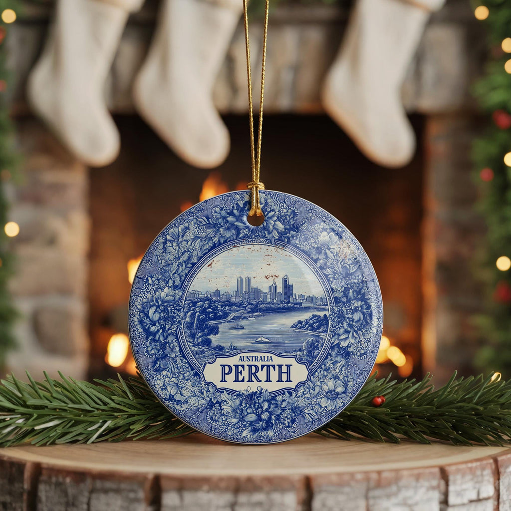 Custom Perth Australia Ceramic Delft Ornament, Christmas Delftware Blue Delftware city travel - CuteBeePix