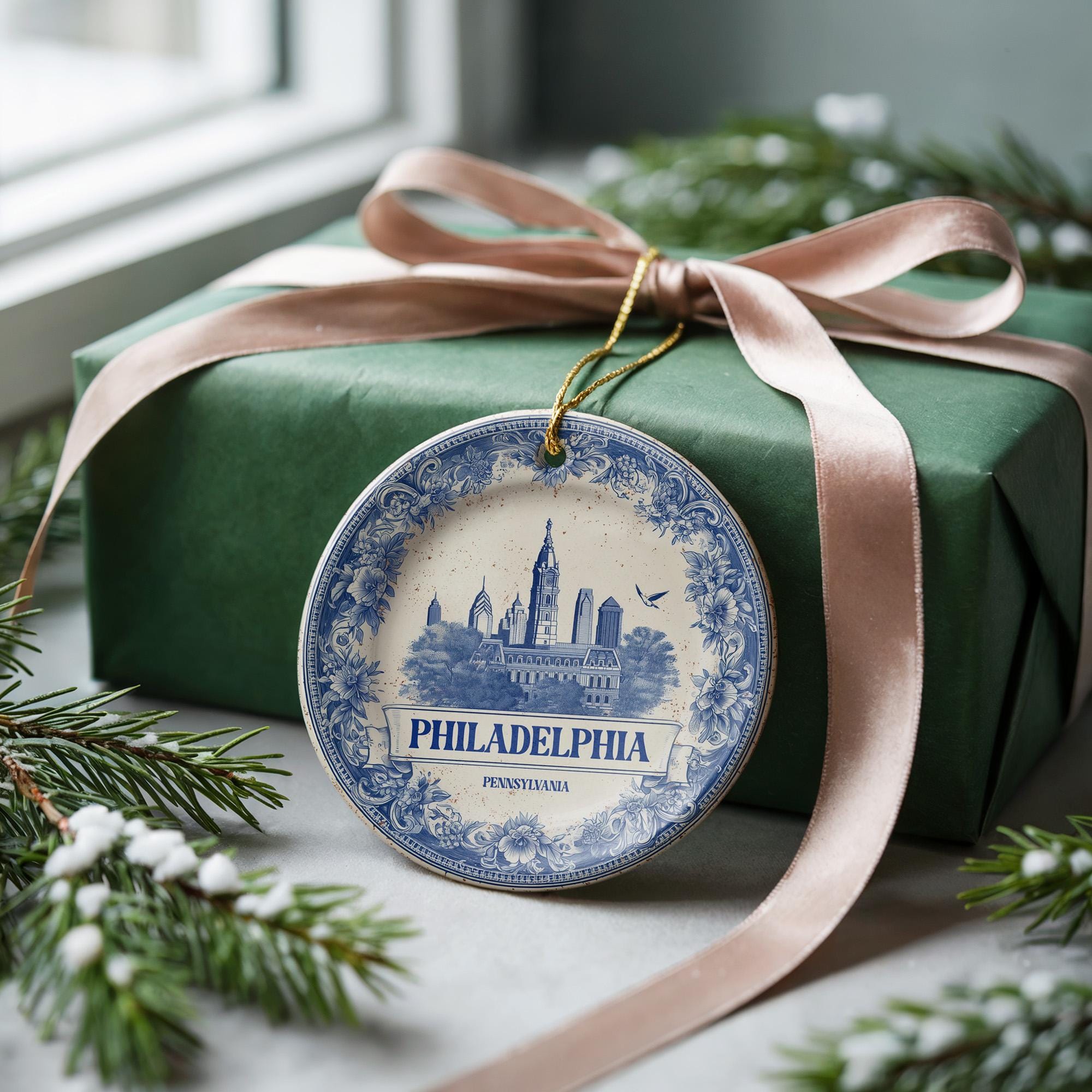 Custom Philadelphia Pennsylvania Ceramic Delft Ornament, Christmas Delftware Blue Delftware city travel - CuteBeePix
