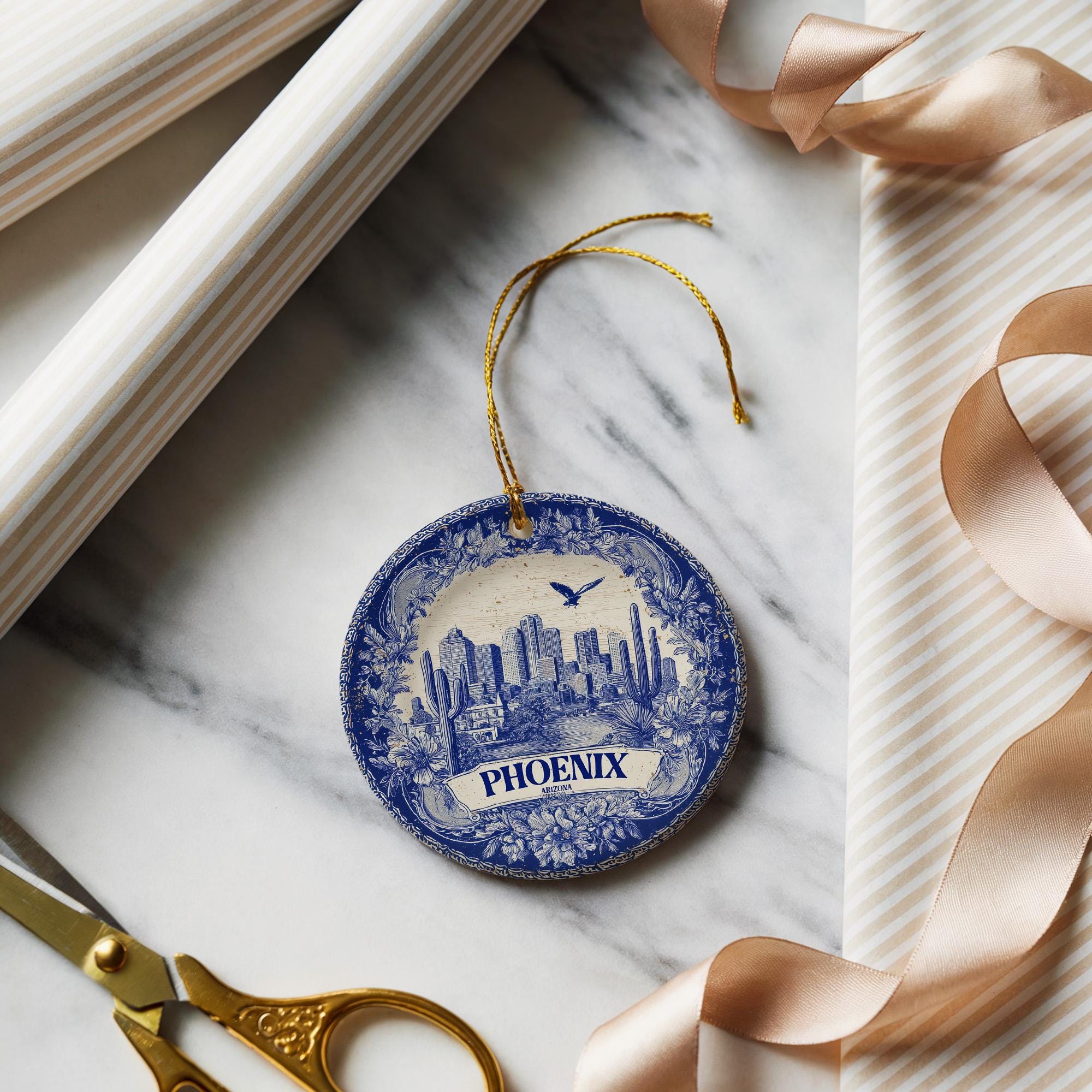 Custom Phoenix Arizona Ceramic Delft Ornament, Christmas Delftware Blue Delftware city travel - CuteBeePix