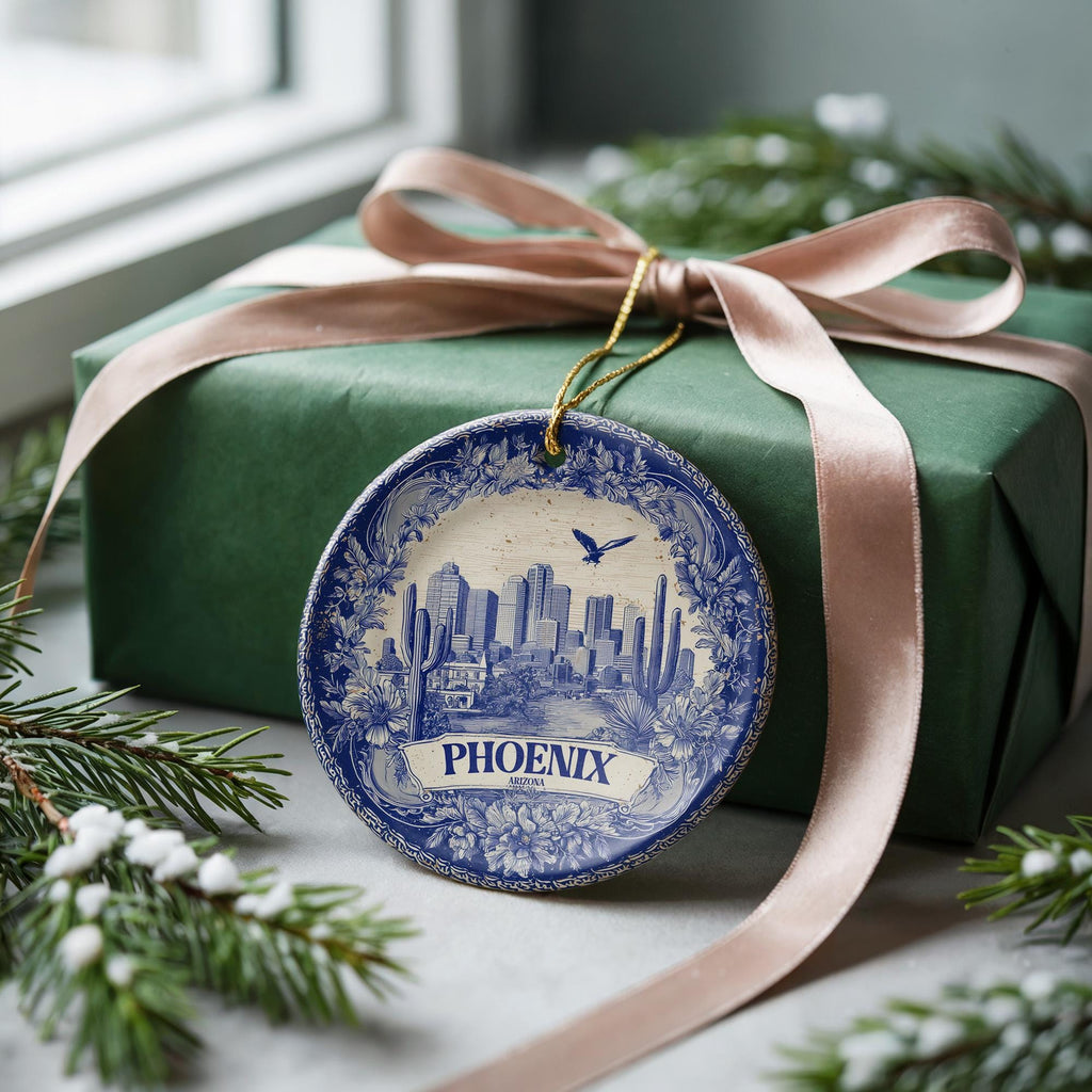 Custom Phoenix Arizona Ceramic Delft Ornament, Christmas Delftware Blue Delftware city travel - CuteBeePix