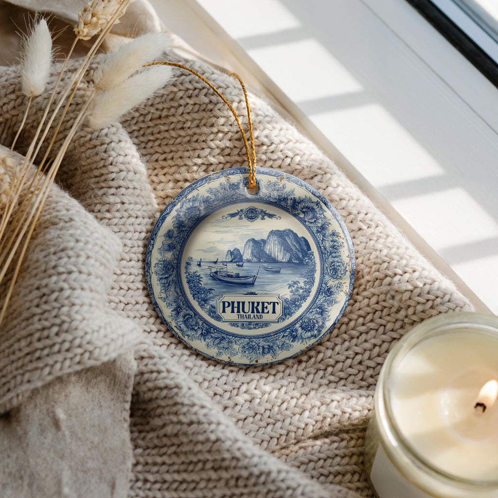 Custom Phuket Thailand Ceramic Delft Ornament, Christmas Delftware Blue Delftware city travel - CuteBeePix