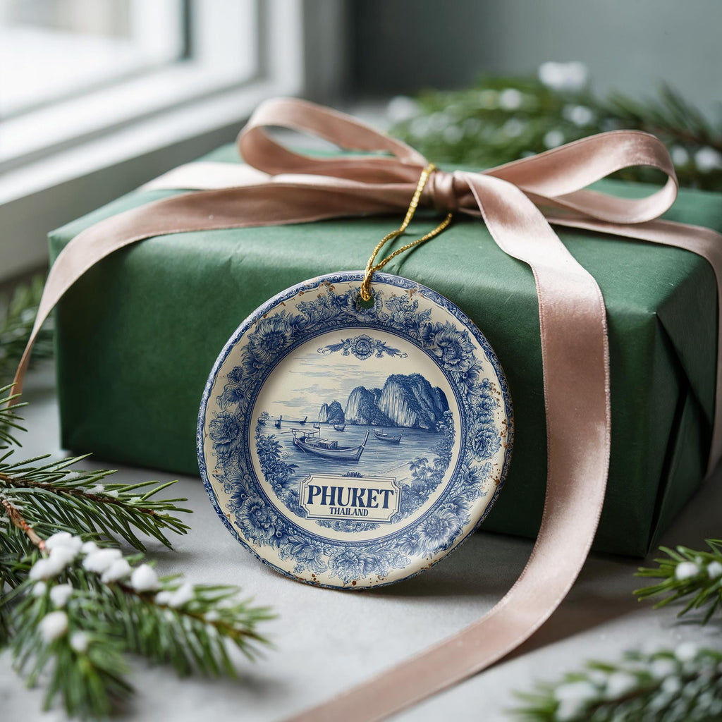 Custom Phuket Thailand Ceramic Delft Ornament, Christmas Delftware Blue Delftware city travel - CuteBeePix