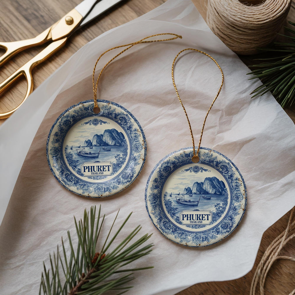 Custom Phuket Thailand Ceramic Delft Ornament, Christmas Delftware Blue Delftware city travel - CuteBeePix