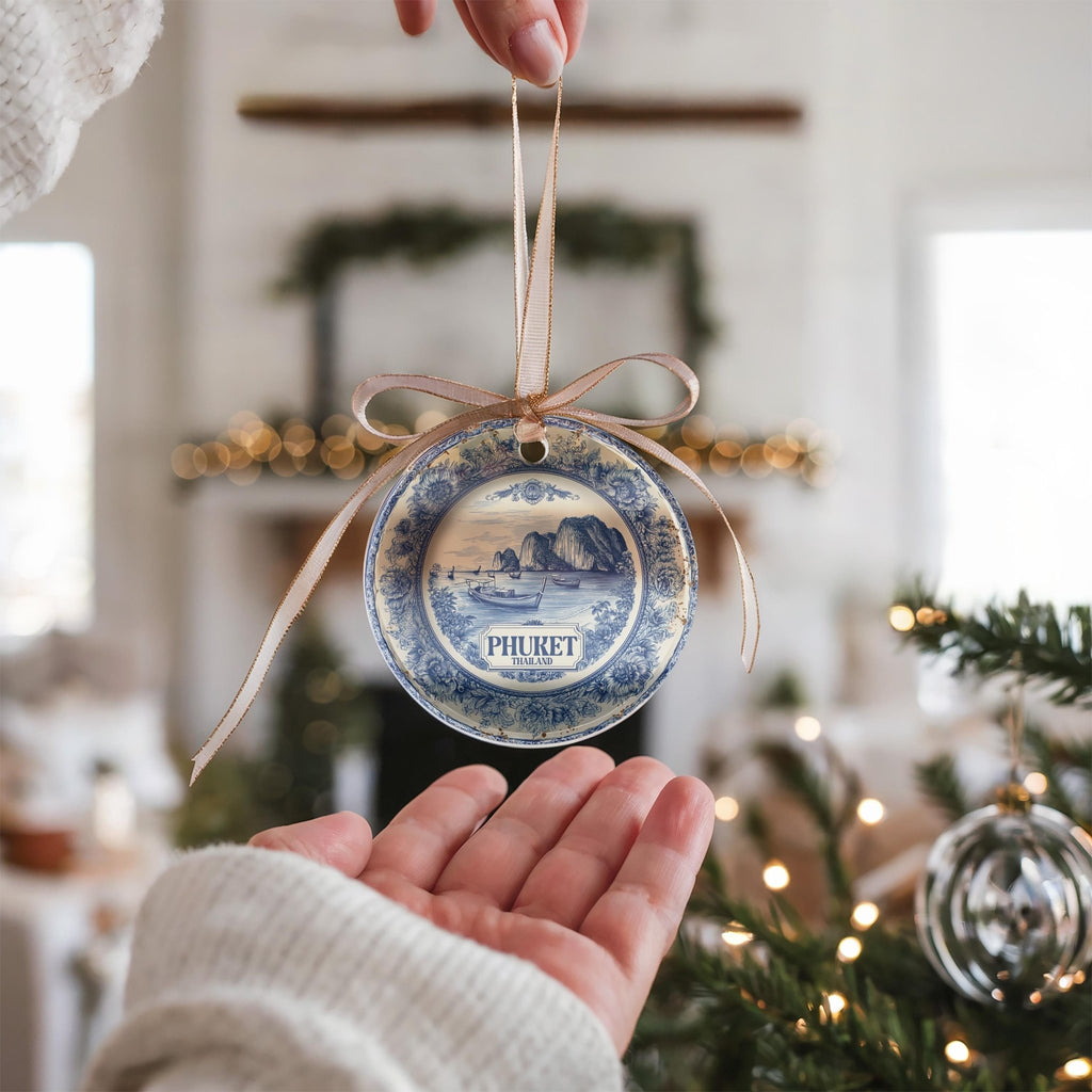 Custom Phuket Thailand Ceramic Delft Ornament, Christmas Delftware Blue Delftware city travel - CuteBeePix