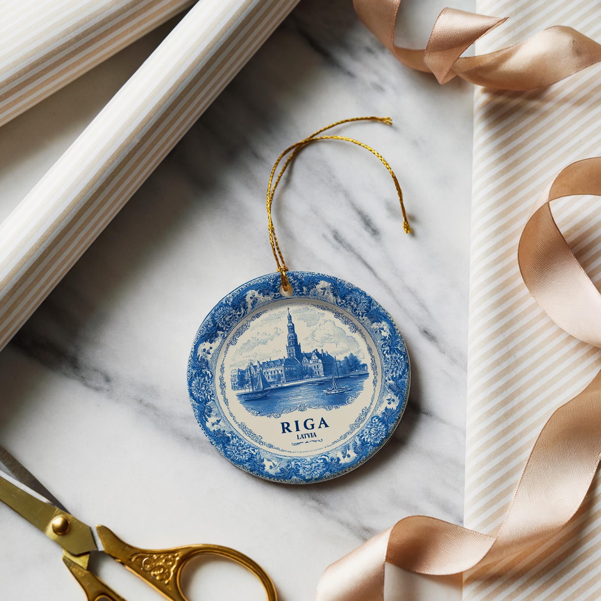 Custom Riga Latvia Ceramic Delft Ornament, Christmas Delftware Blue Delftware city travel - CuteBeePix