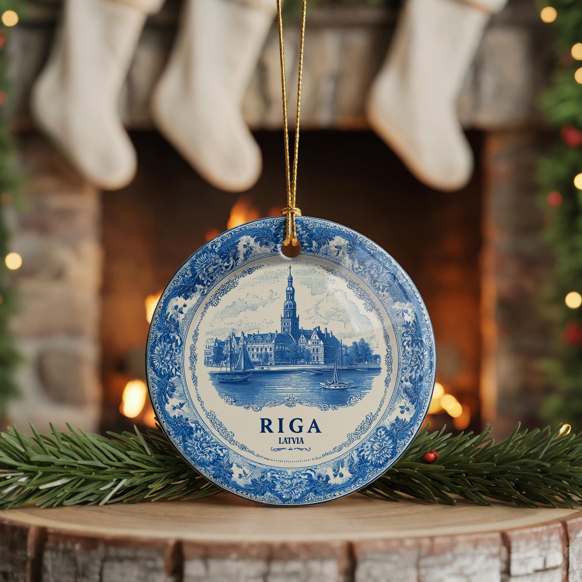 Custom Riga Latvia Ceramic Delft Ornament, Christmas Delftware Blue Delftware city travel - CuteBeePix