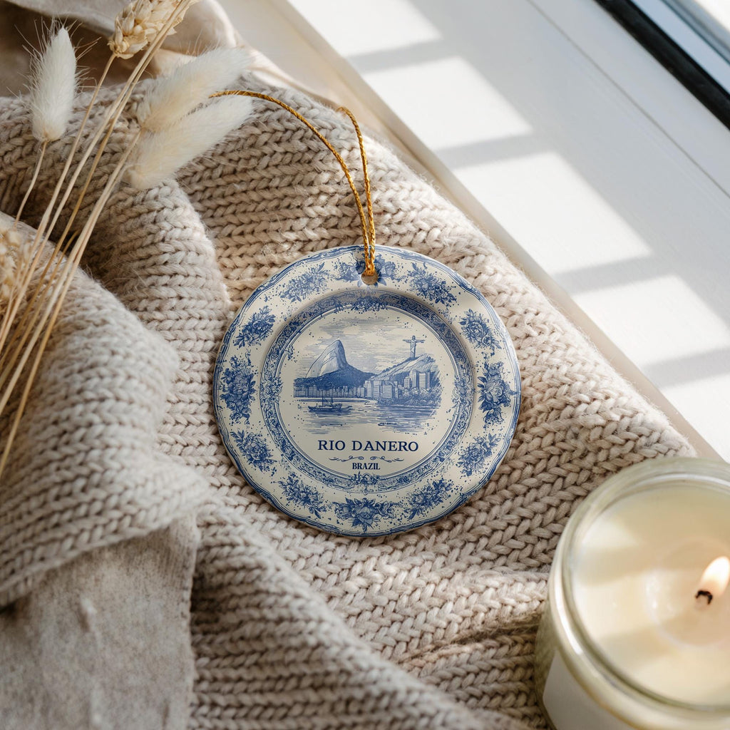 Custom Rio de Janeiro Brazil Ceramic Delft Ornament, Christmas Delftware Blue Delftware city travel - CuteBeePix