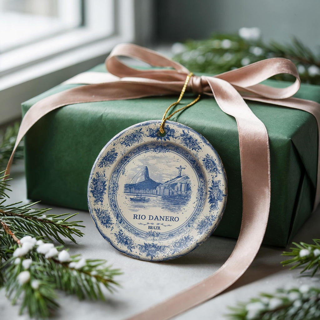 Custom Rio de Janeiro Brazil Ceramic Delft Ornament, Christmas Delftware Blue Delftware city travel - CuteBeePix