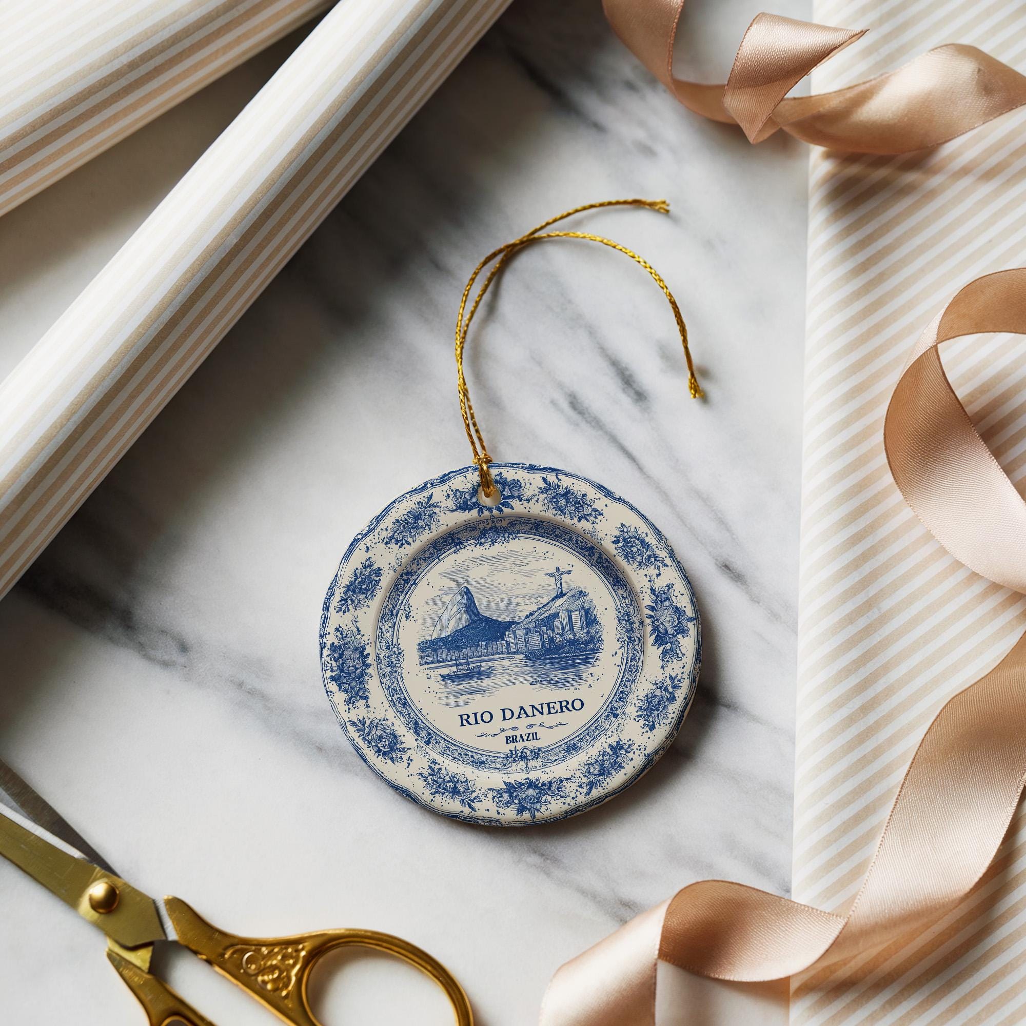 Custom Rio de Janeiro Brazil Ceramic Delft Ornament, Christmas Delftware Blue Delftware city travel - CuteBeePix