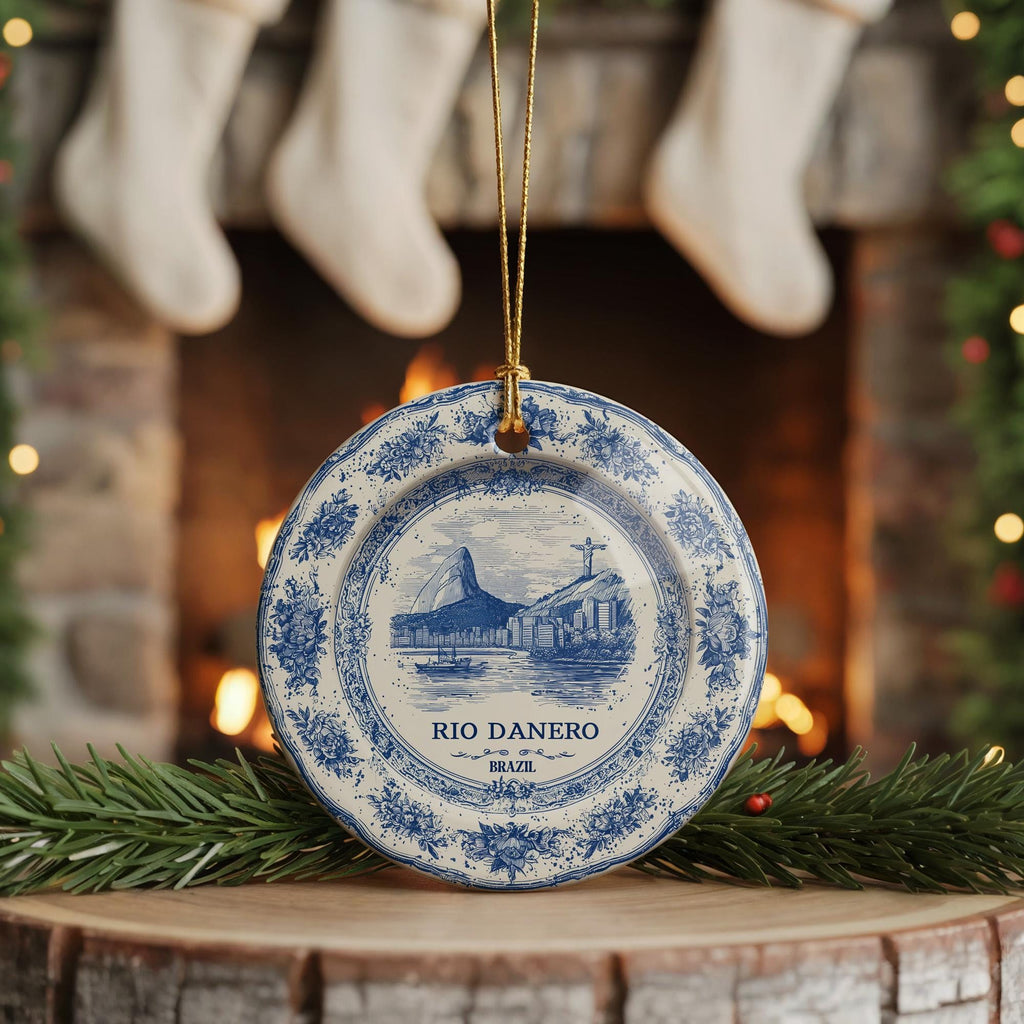 Custom Rio de Janeiro Brazil Ceramic Delft Ornament, Christmas Delftware Blue Delftware city travel - CuteBeePix