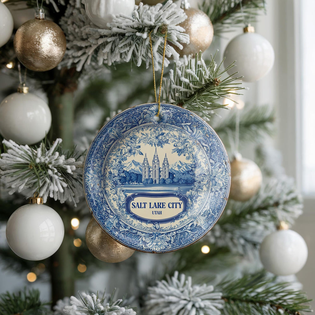 Custom Salt Lake City Delftware Ornament: Double - Sided Ceramic Travel Keepsake - CuteBeePix