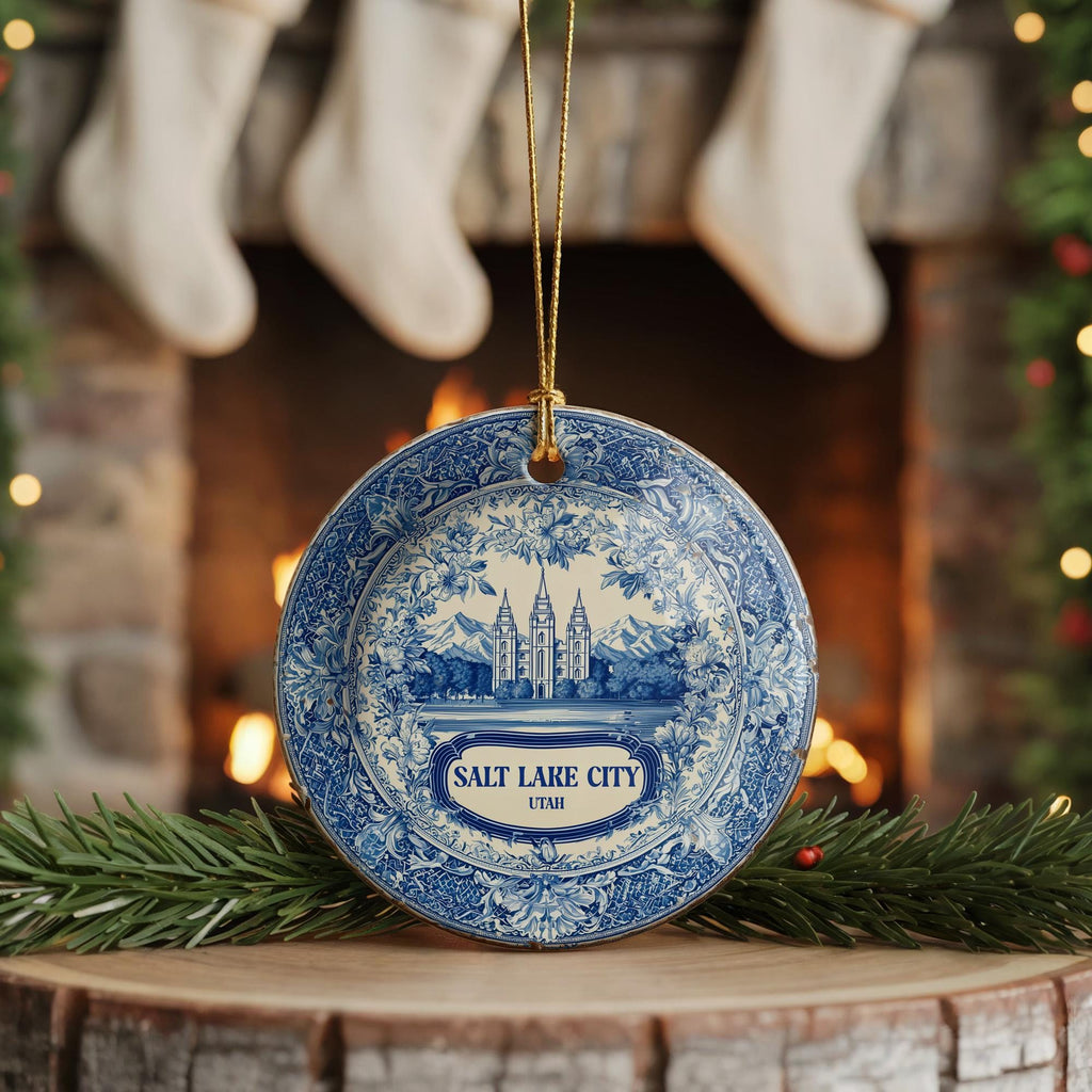 Custom Salt Lake City Delftware Ornament: Double - Sided Ceramic Travel Keepsake - CuteBeePix
