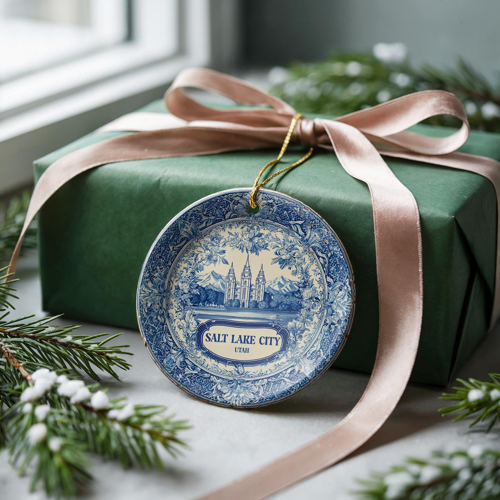 Custom Salt Lake City Delftware Ornament: Double - Sided Ceramic Travel Keepsake - CuteBeePix