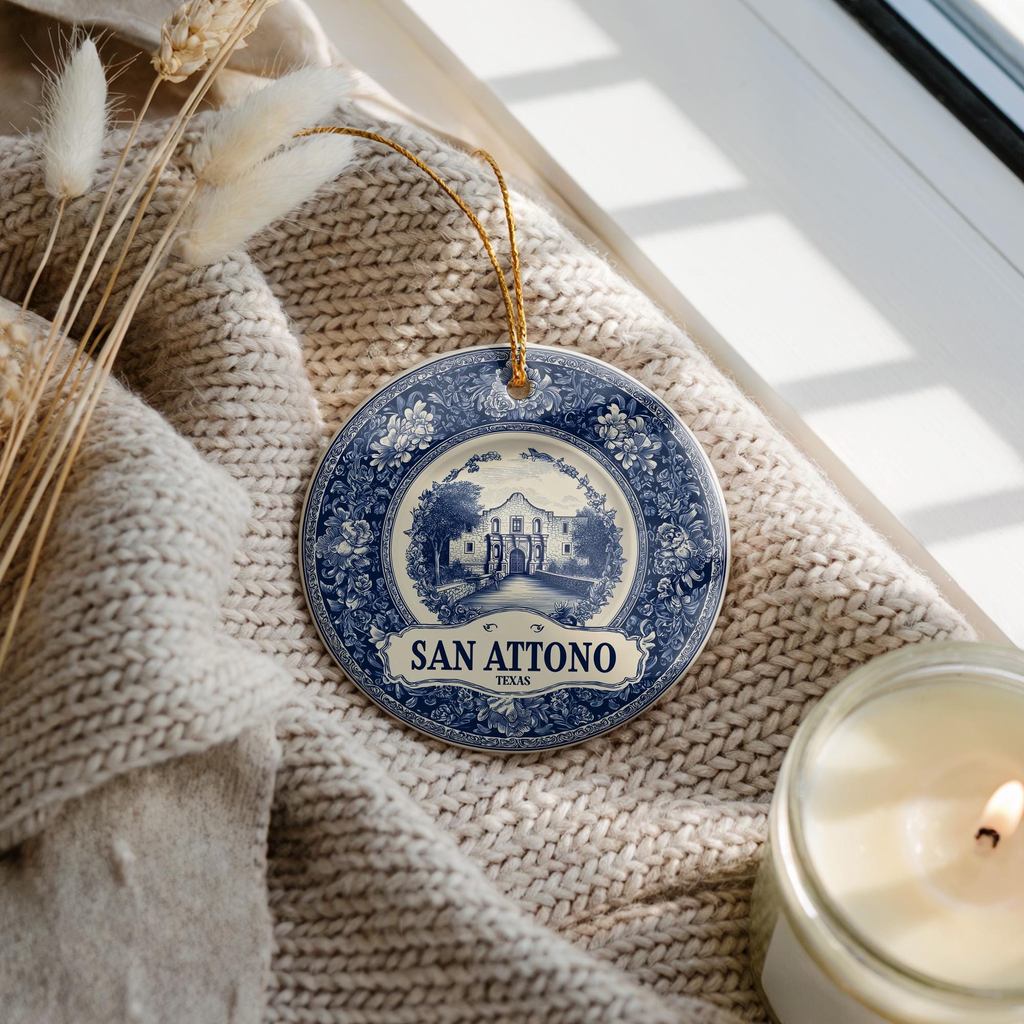 Custom San Antonio Texas Ceramic Delft Ornament, Christmas Delftware Blue Delftware city travel - CuteBeePix