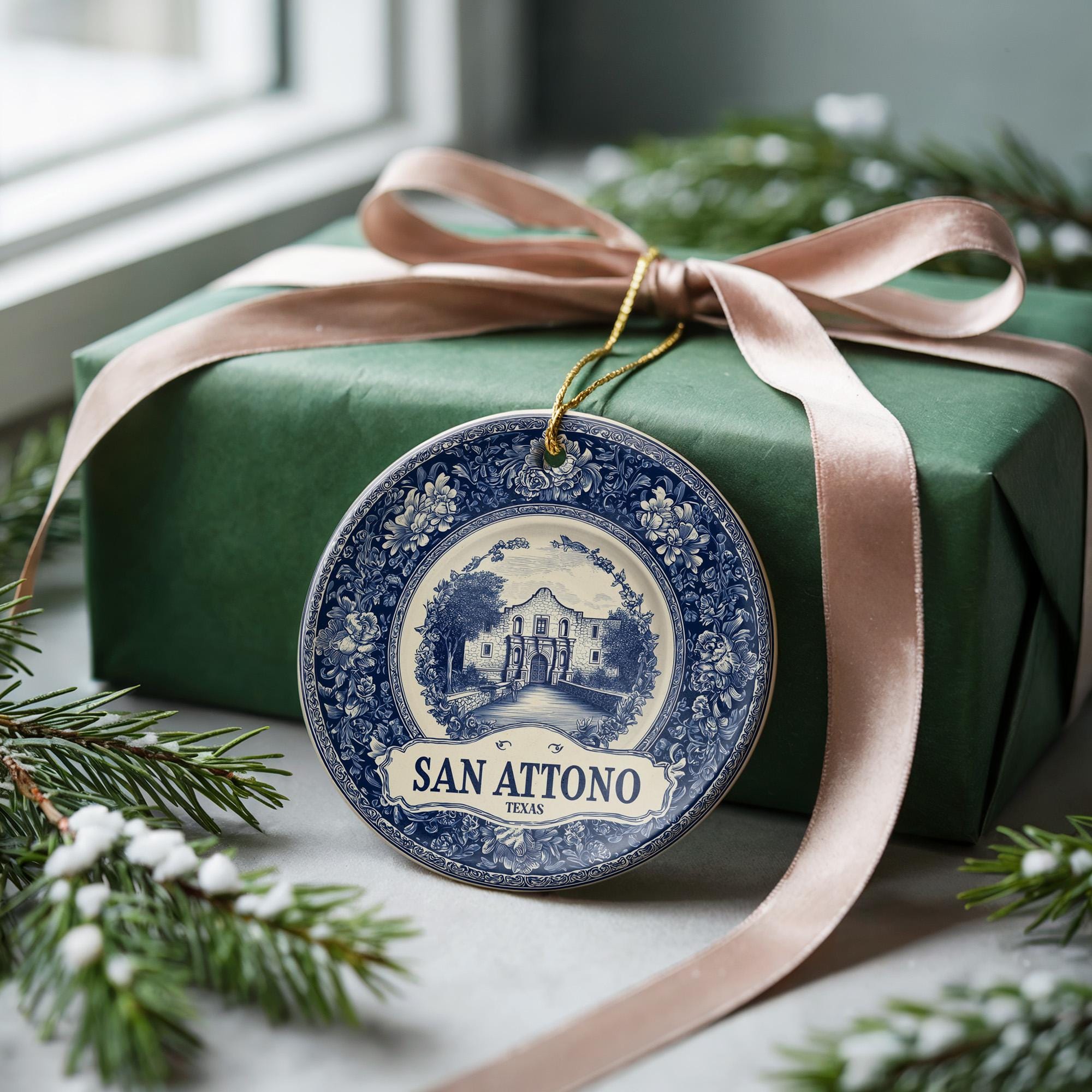 Custom San Antonio Texas Ceramic Delft Ornament, Christmas Delftware Blue Delftware city travel - CuteBeePix