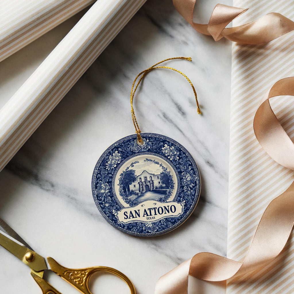 Custom San Antonio Texas Ceramic Delft Ornament, Christmas Delftware Blue Delftware city travel - CuteBeePix