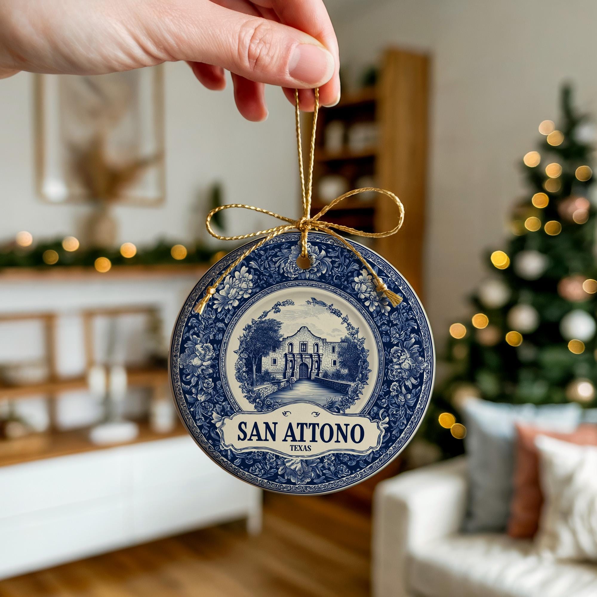 Custom San Antonio Texas Ceramic Delft Ornament, Christmas Delftware Blue Delftware city travel - CuteBeePix