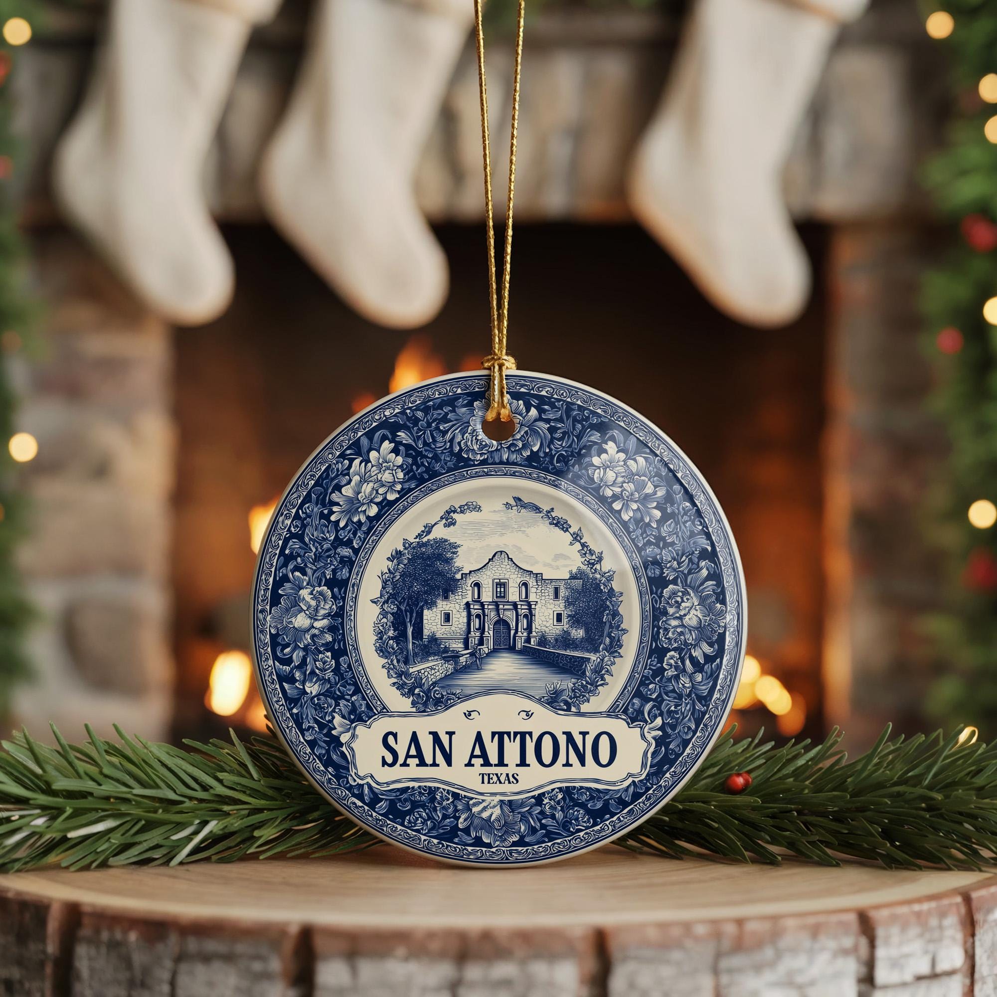 Custom San Antonio Texas Ceramic Delft Ornament, Christmas Delftware Blue Delftware city travel - CuteBeePix
