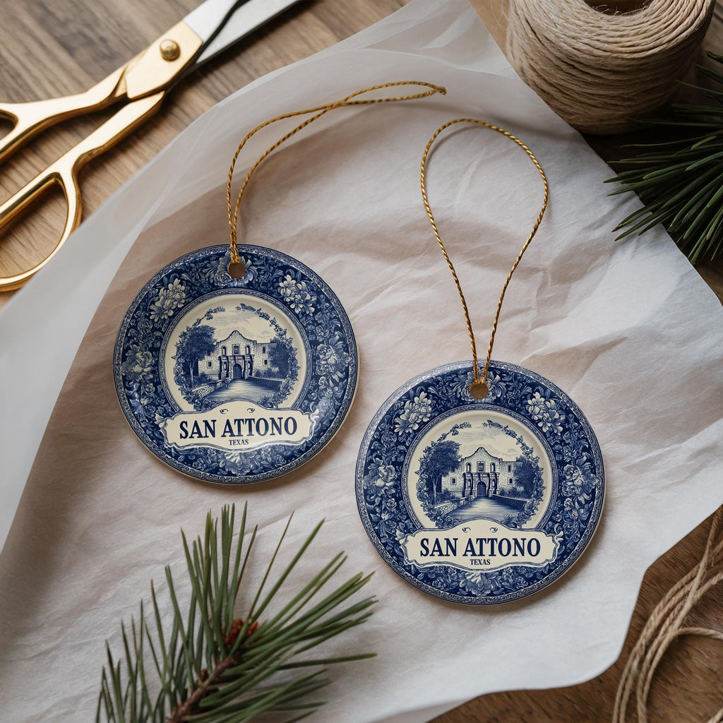 Custom San Antonio Texas Ceramic Delft Ornament, Christmas Delftware Blue Delftware city travel - CuteBeePix