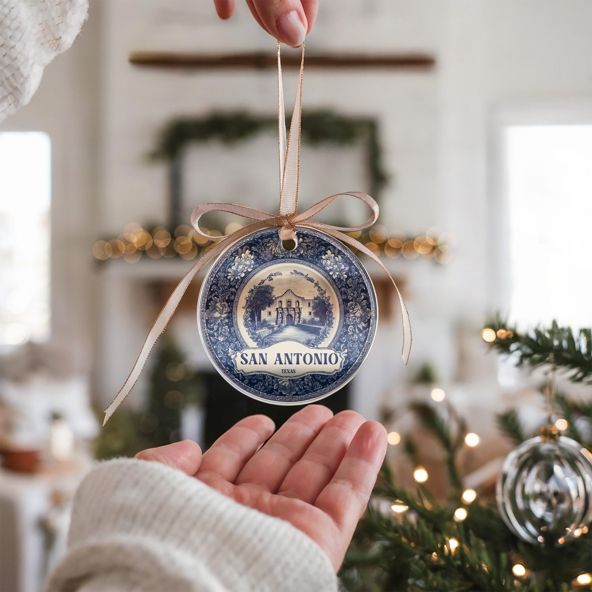 Custom San Antonio Texas Ceramic Delft Ornament, Christmas Delftware Blue Delftware city travel - CuteBeePix