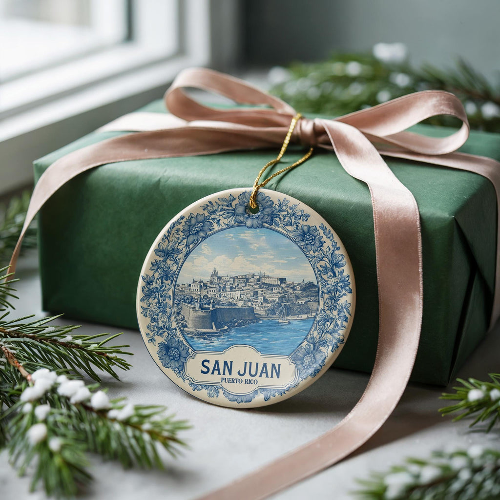 Custom San Juan Puerto Rico Ceramic Delft Ornament, Christmas Delftware Blue Delftware city travel - CuteBeePix